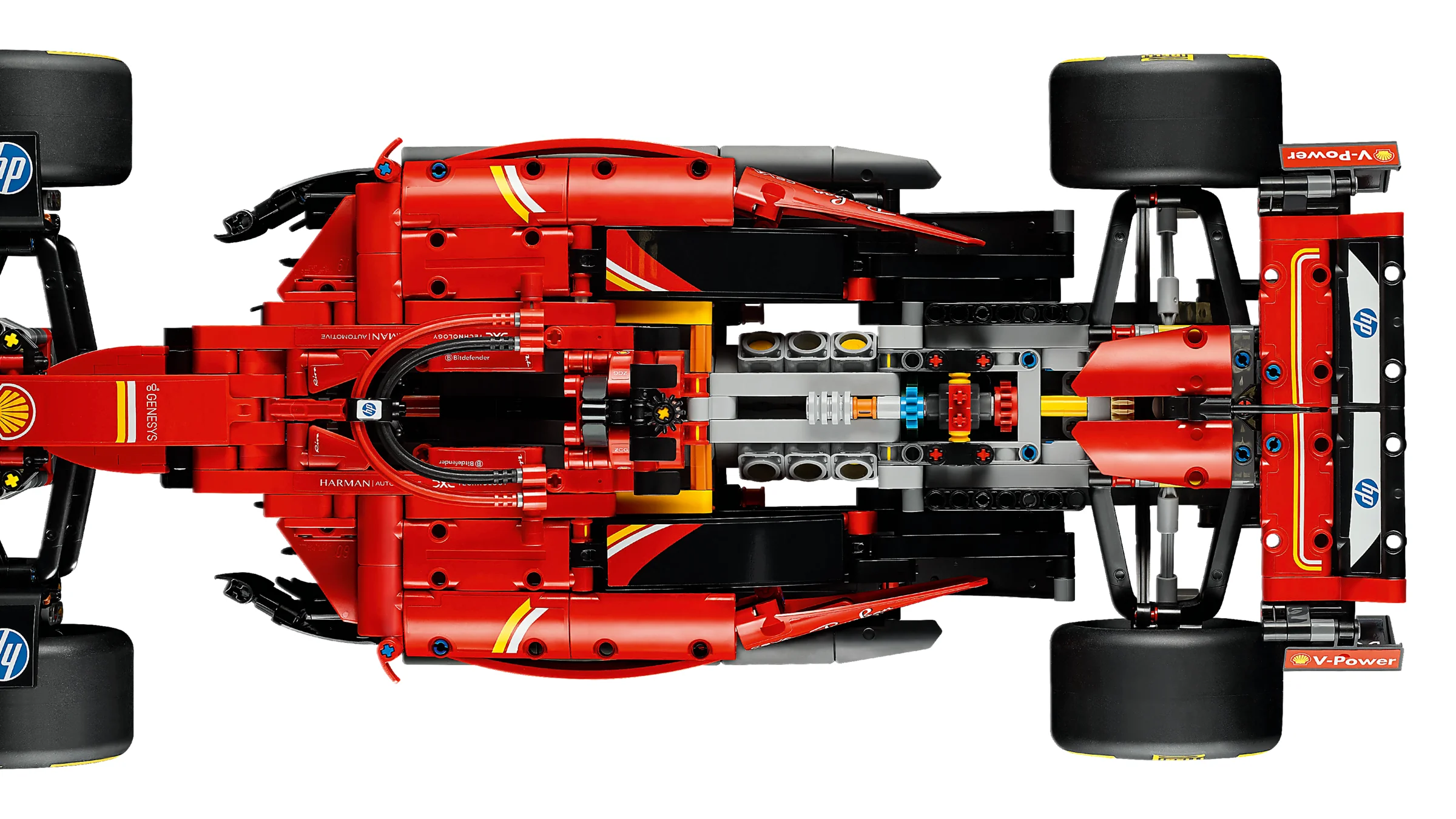 Vedere de sus a modelului Ferrari SF-24 F1, detaliind construcția Technic. Model complex, roșu, cu multe detalii.