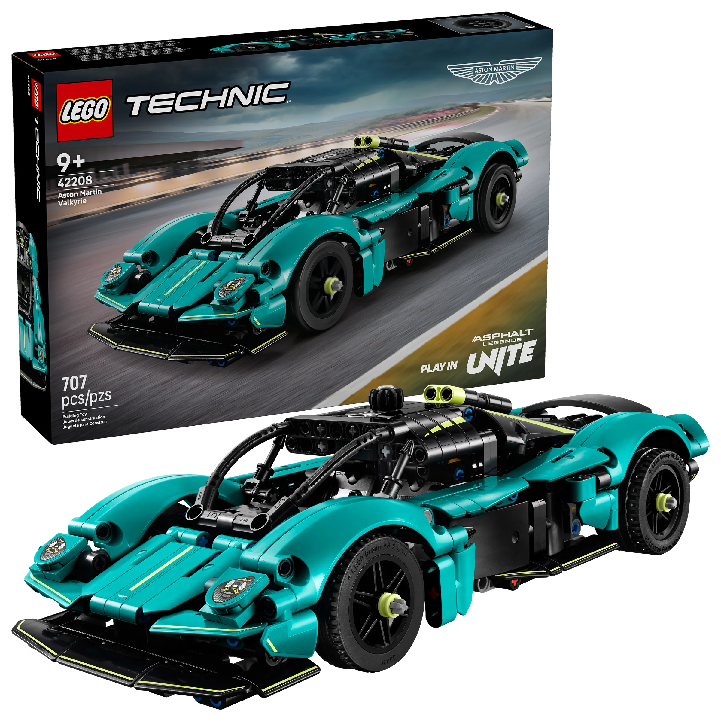 Imagine cu Aston Martin Valkyrie LEGO Technic 42208 și cutia. Model detaliat, verde-turcoaz.