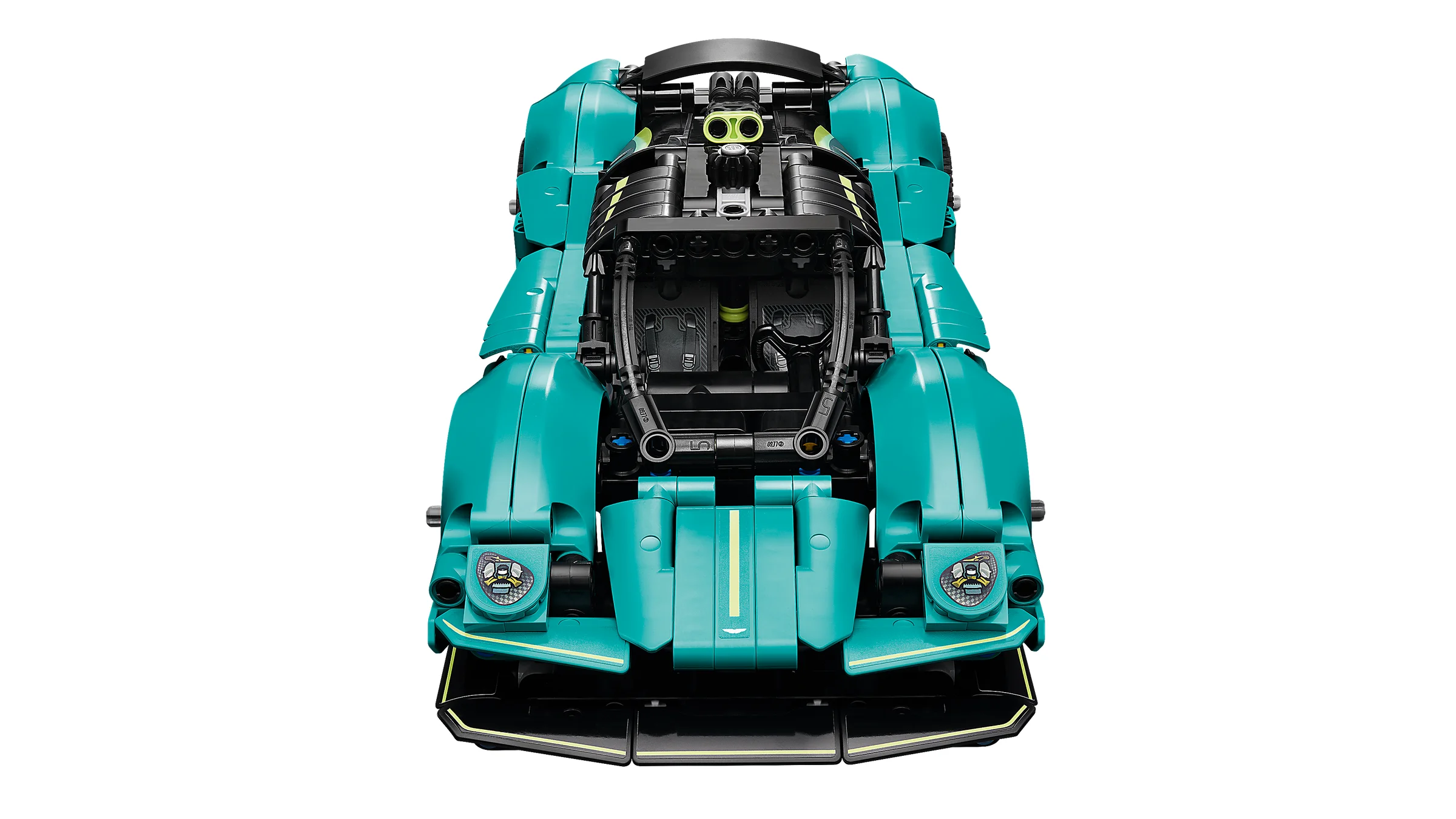 Aston Martin Valkyrie Technic verde-albastru văzută de sus, cu detalii ale motorului expuse.
