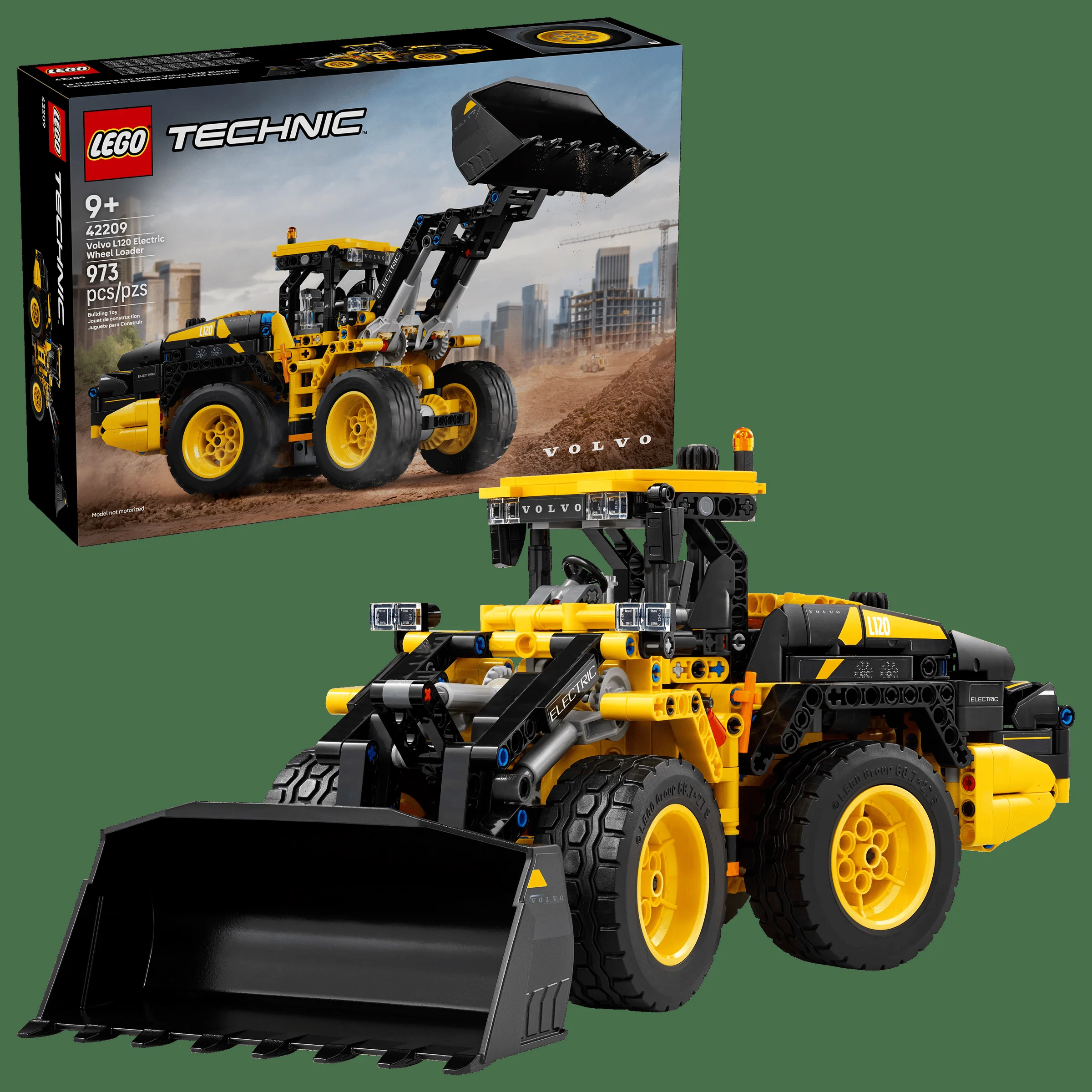 Imagine cu modelul Volvo L120 Electric Wheel Loader (42209) și cutia acestuia. Un cadou ideal pentru fanii LEGO.