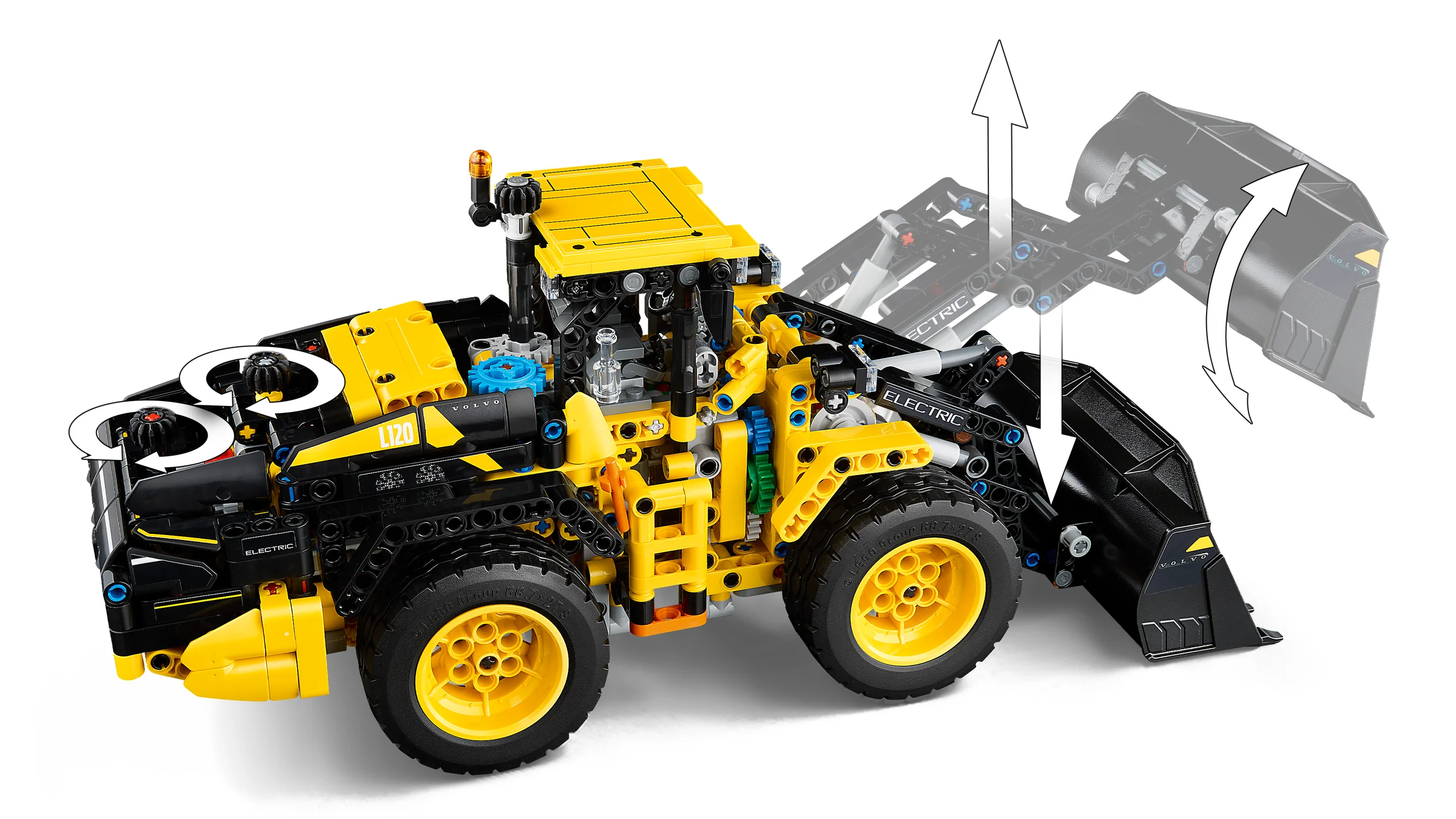 Modelul Volvo L120 Electric Wheel Loader prezintă funcții, precum ridicarea și coborârea cupei.
