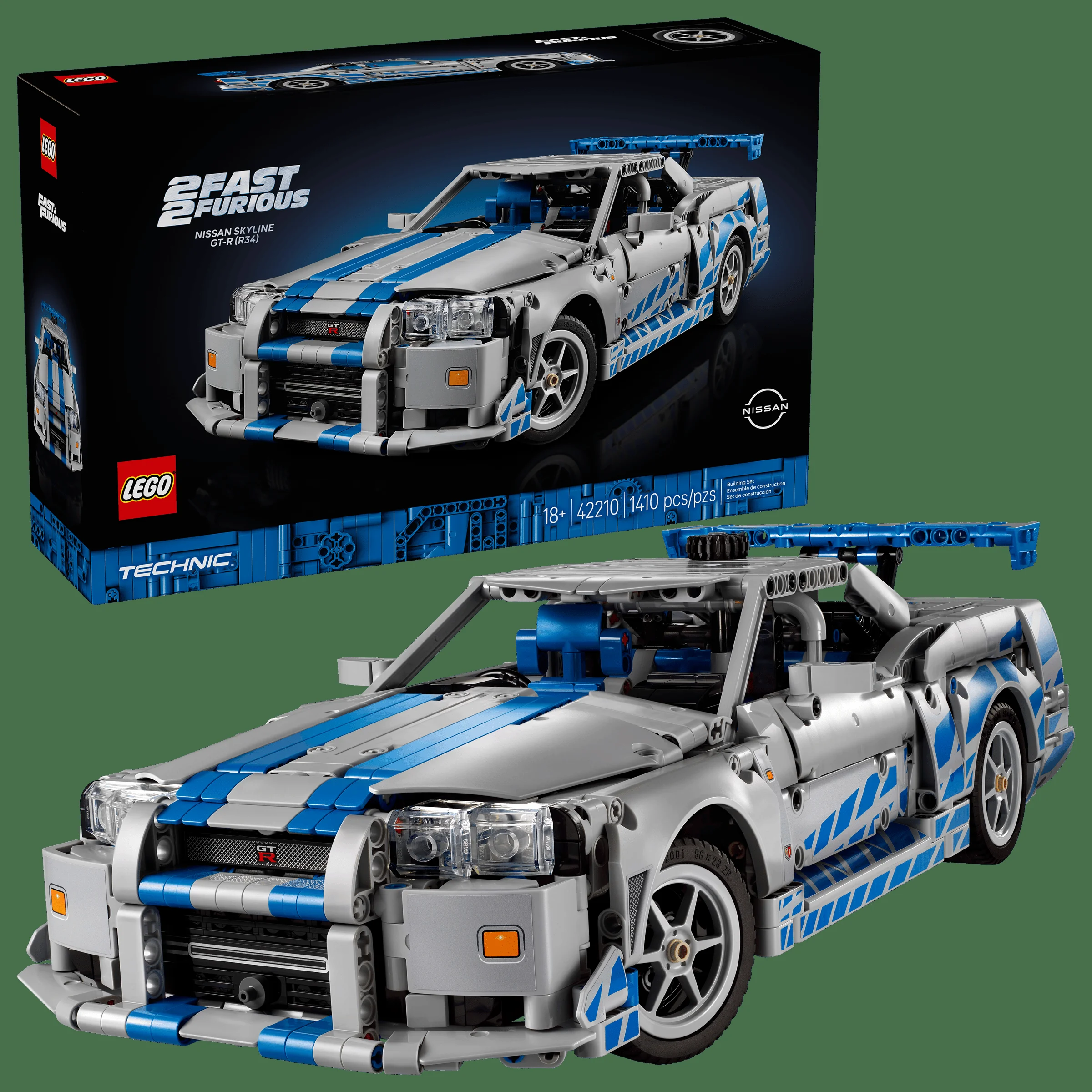 Imagine cu setul LEGO Technic 42210, Nissan Skyline GT-R (R34) din 2 Fast 2 Furious. Se vede cutia și modelul construit.