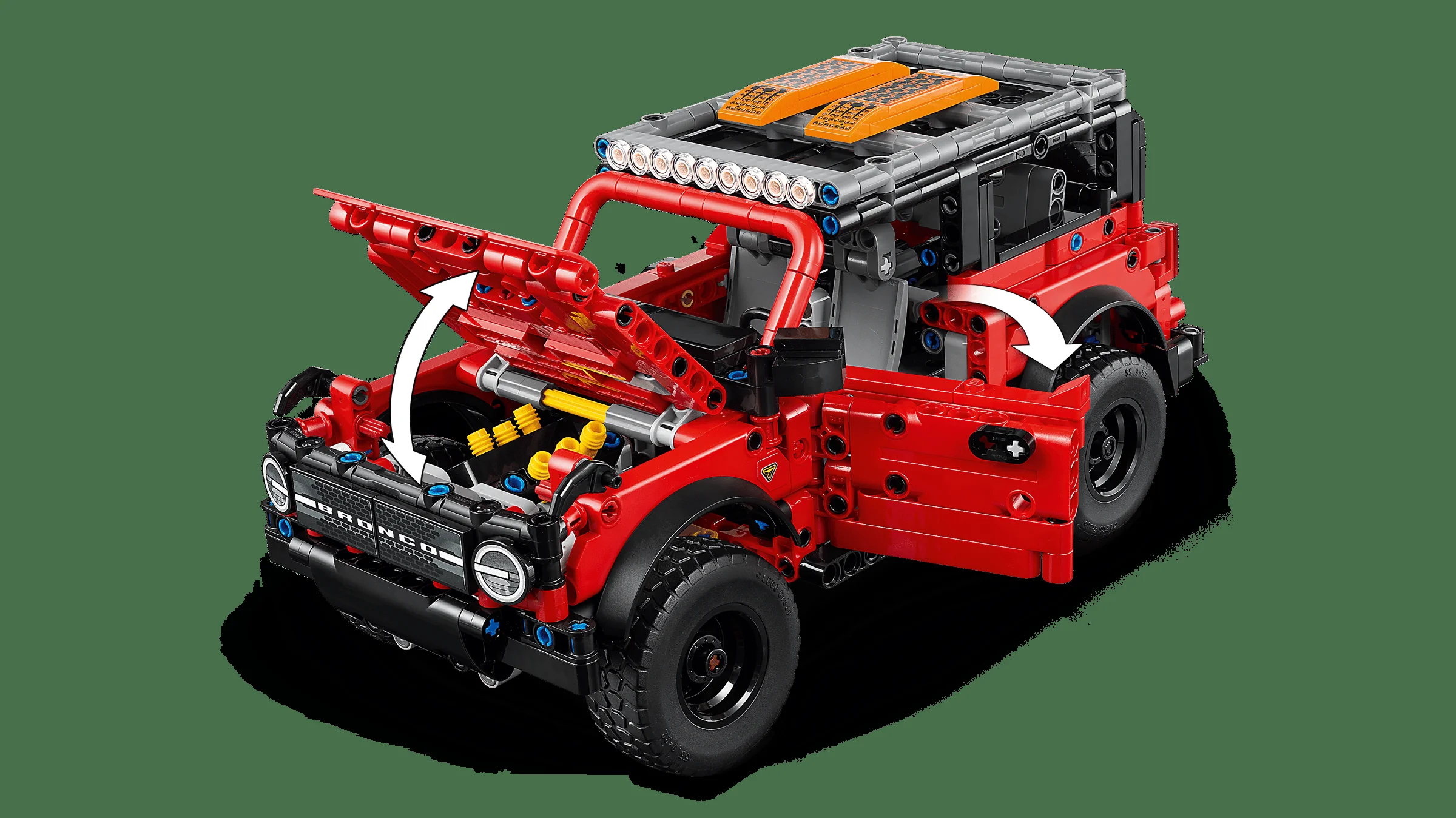 Imagine cu modelul Ford Bronco SUV, evidențiind capota și ușa deschise. Detalii tehnice vizibile.