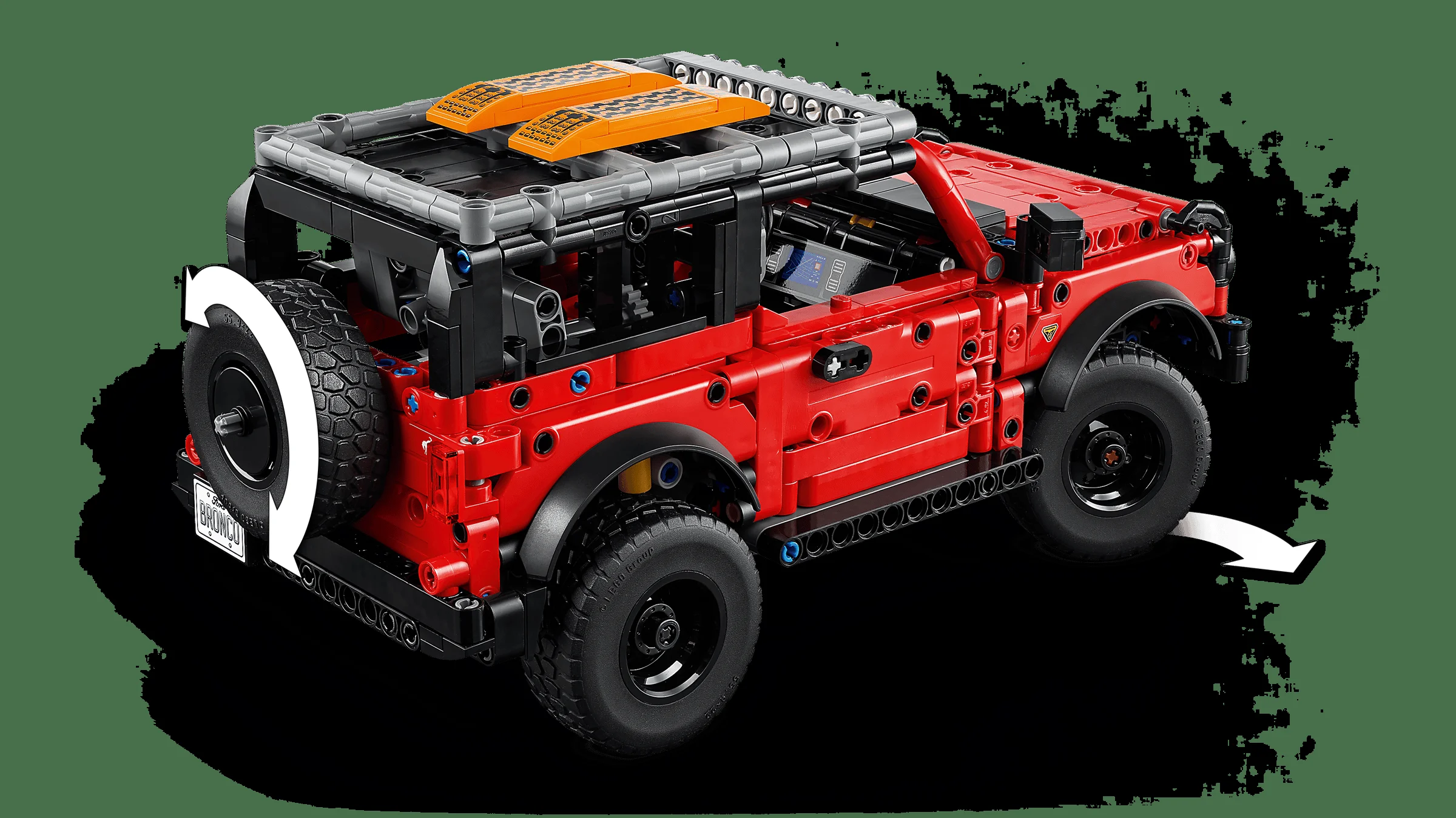 Modelul Ford Bronco SUV roșu, detaliat, cu roți mari și aspect tehnic. O imagine atractivă.