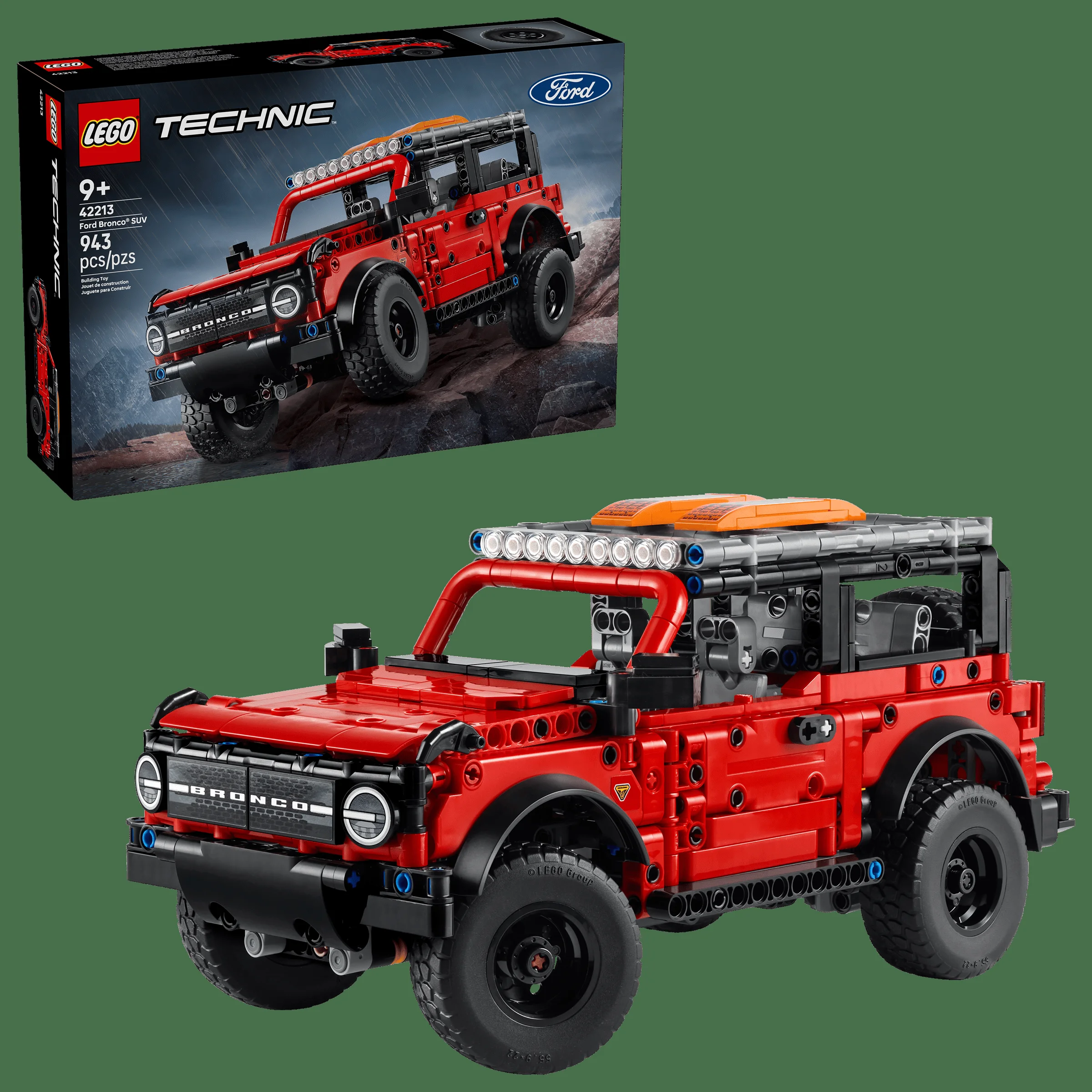 Imagine cu setul LEGO Technic 42213 Ford Bronco SUV, prezentând modelul și cutia produsului.