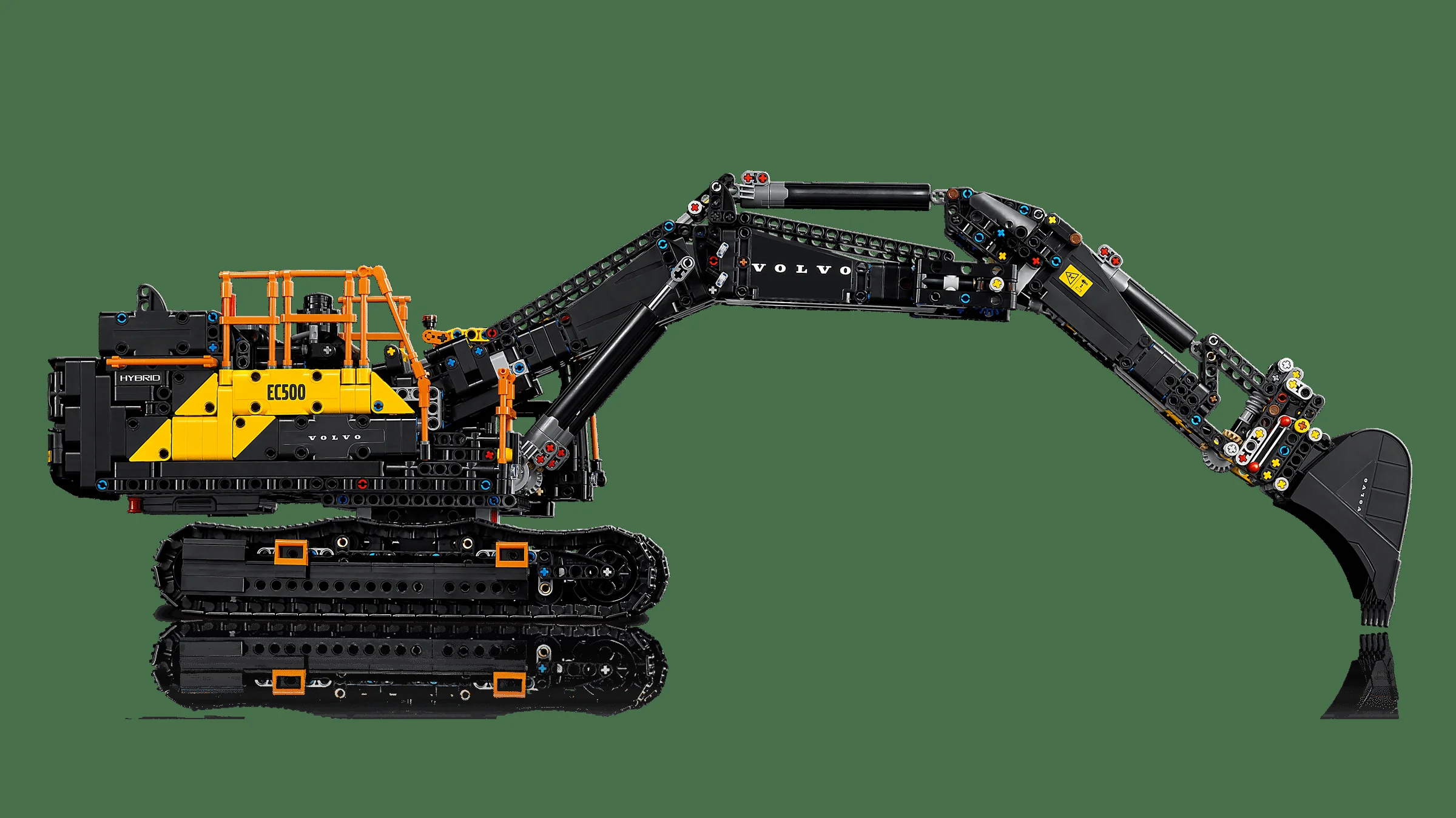 Excavator Volvo EC500 Hybrid LEGO Technic, model complet prezentat lateral. Detalii precise.