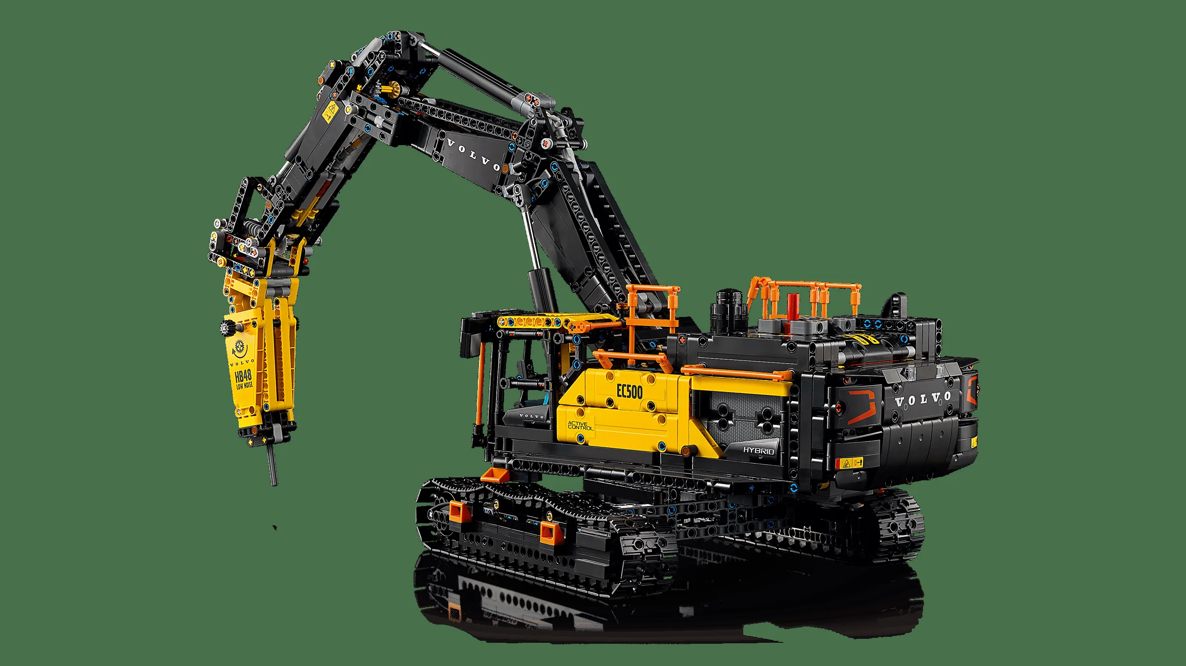 Excavatorul Volvo EC500 Hybrid, o construcție LEGO Technic complexă, galbenă și neagră.