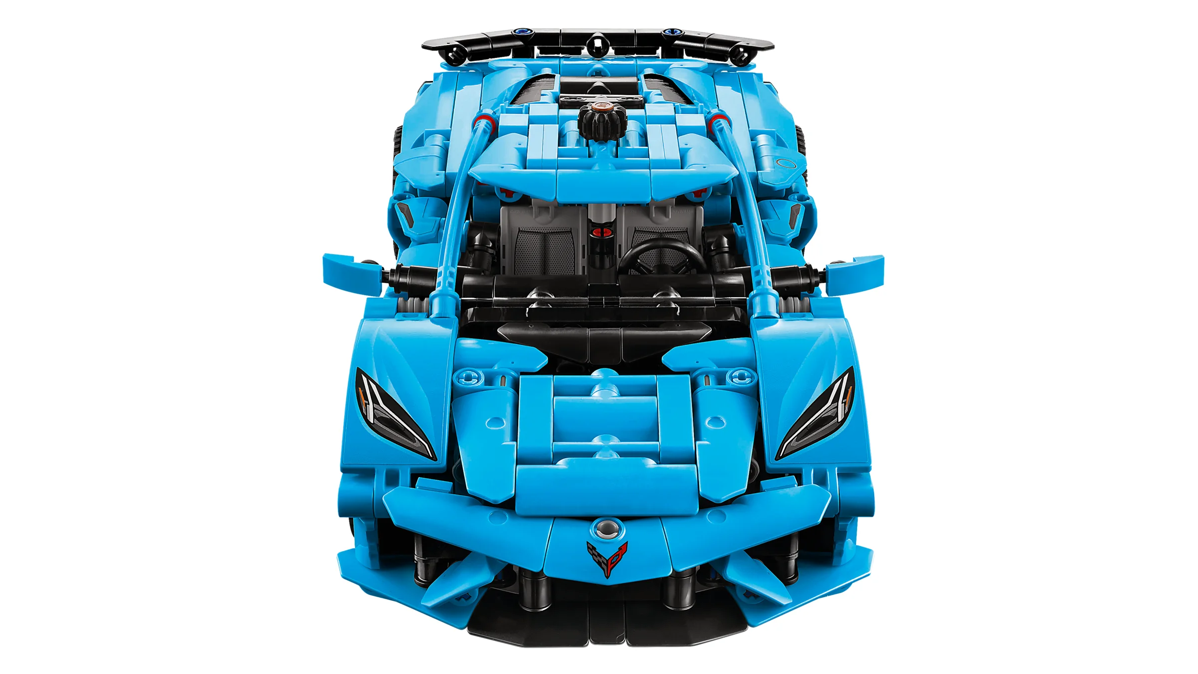 Imagine frontală a modelului LEGO Corvette Stingray albastru. Design detaliat.