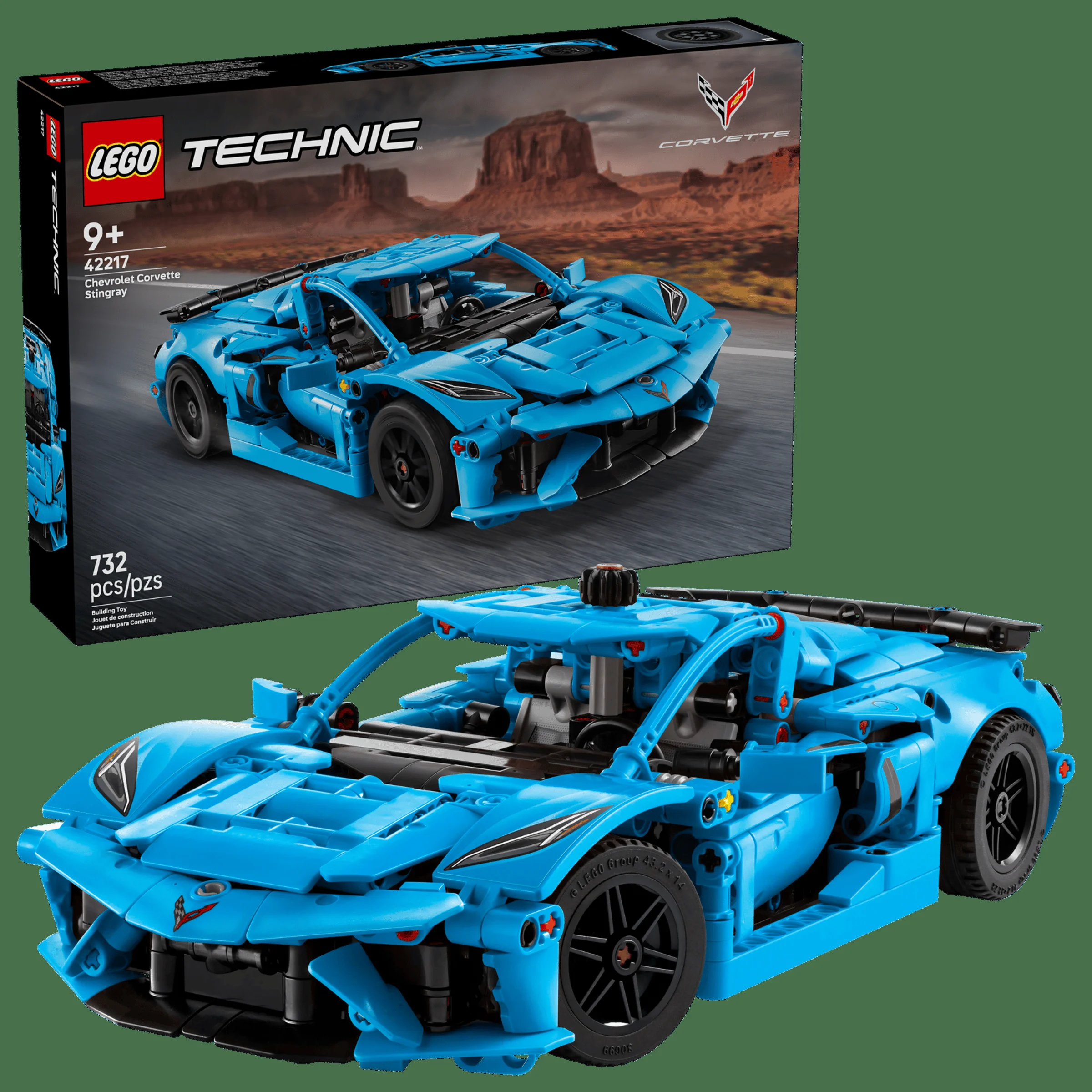 Imagine cu setul LEGO Technic 42217 Chevrolet Corvette Stingray și cutia produsului.