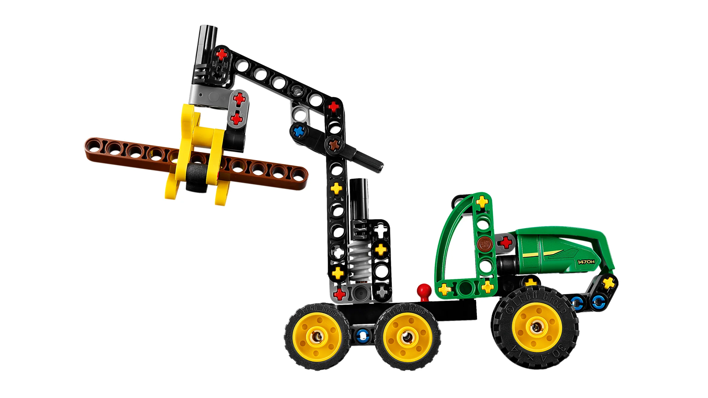 Imagine cu modelul LEGO John Deere 1670H, detaliind brațul mobil și roțile galbene.