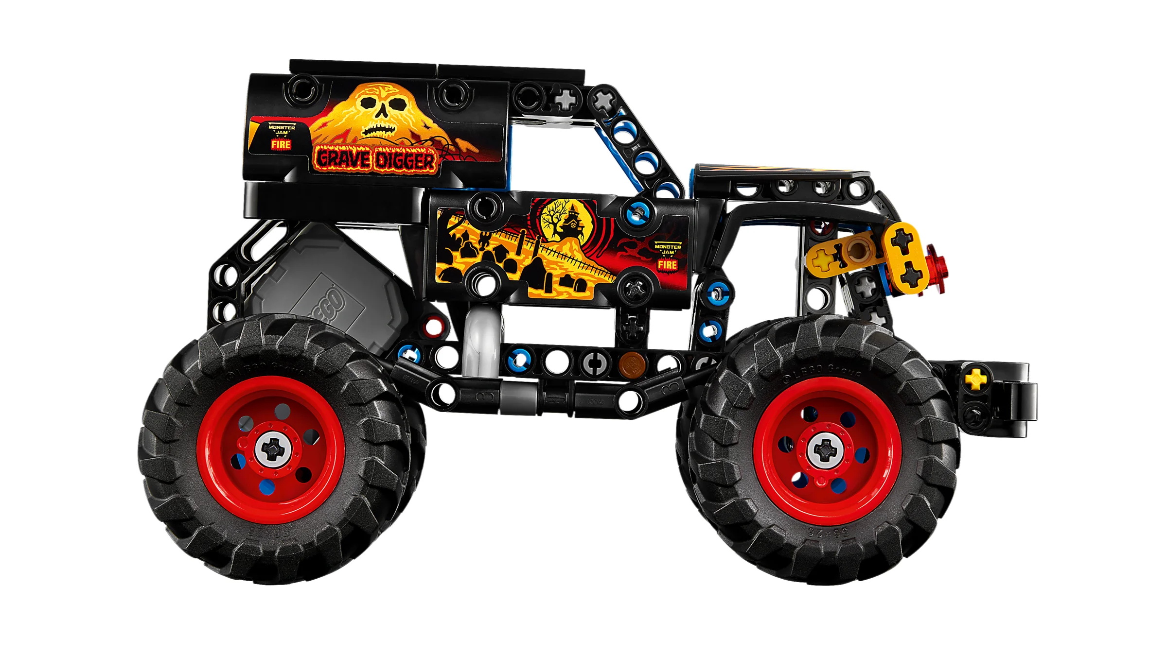 Modelul Monster Jam Grave Digger, construit din piese Technic. Roți mari, design specific.