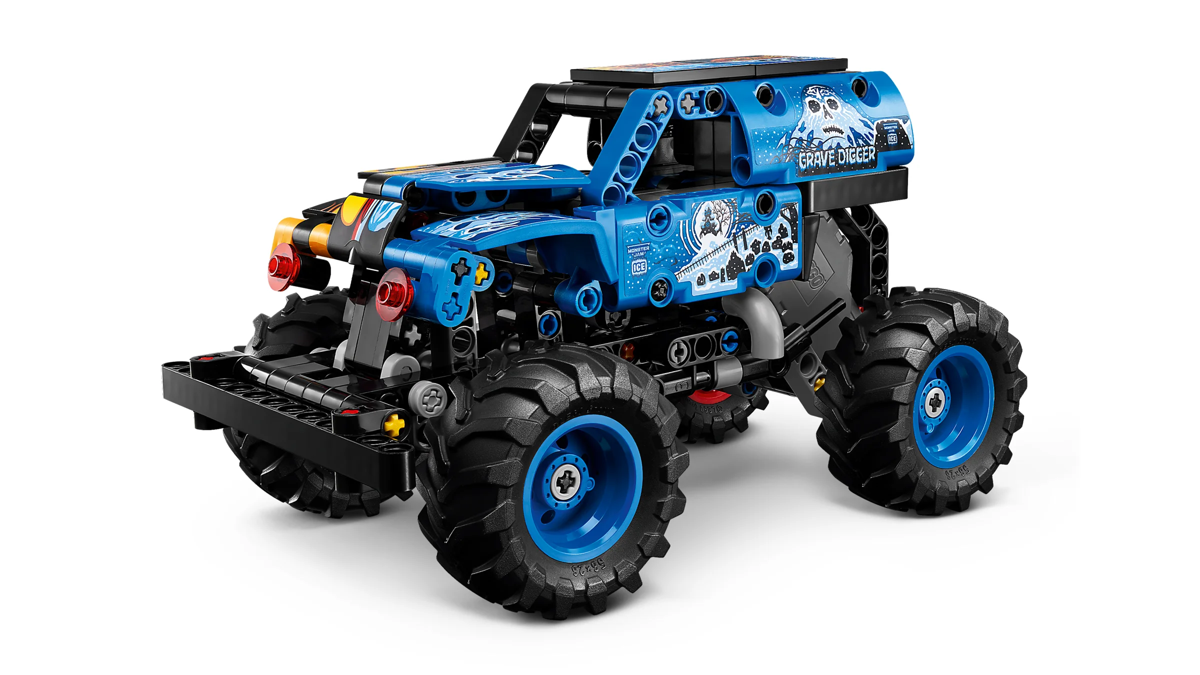 Modelul LEGO Technic Monster Jam Grave Digger, albastru, pe fundal alb.