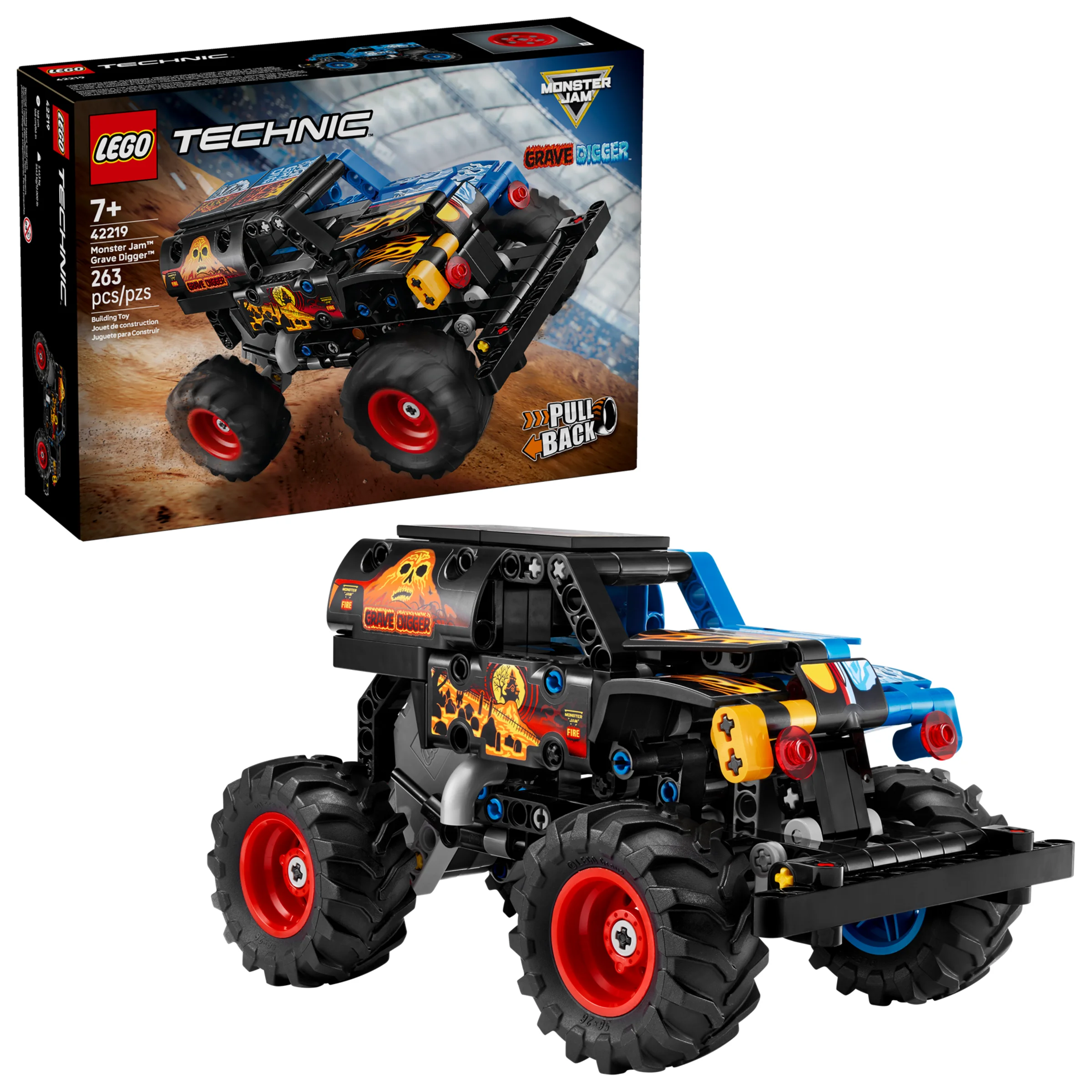 Imagine cu setul LEGO Technic 42219 Monster Jam Grave Digger și cutia acestuia. Model detaliat și atractiv.