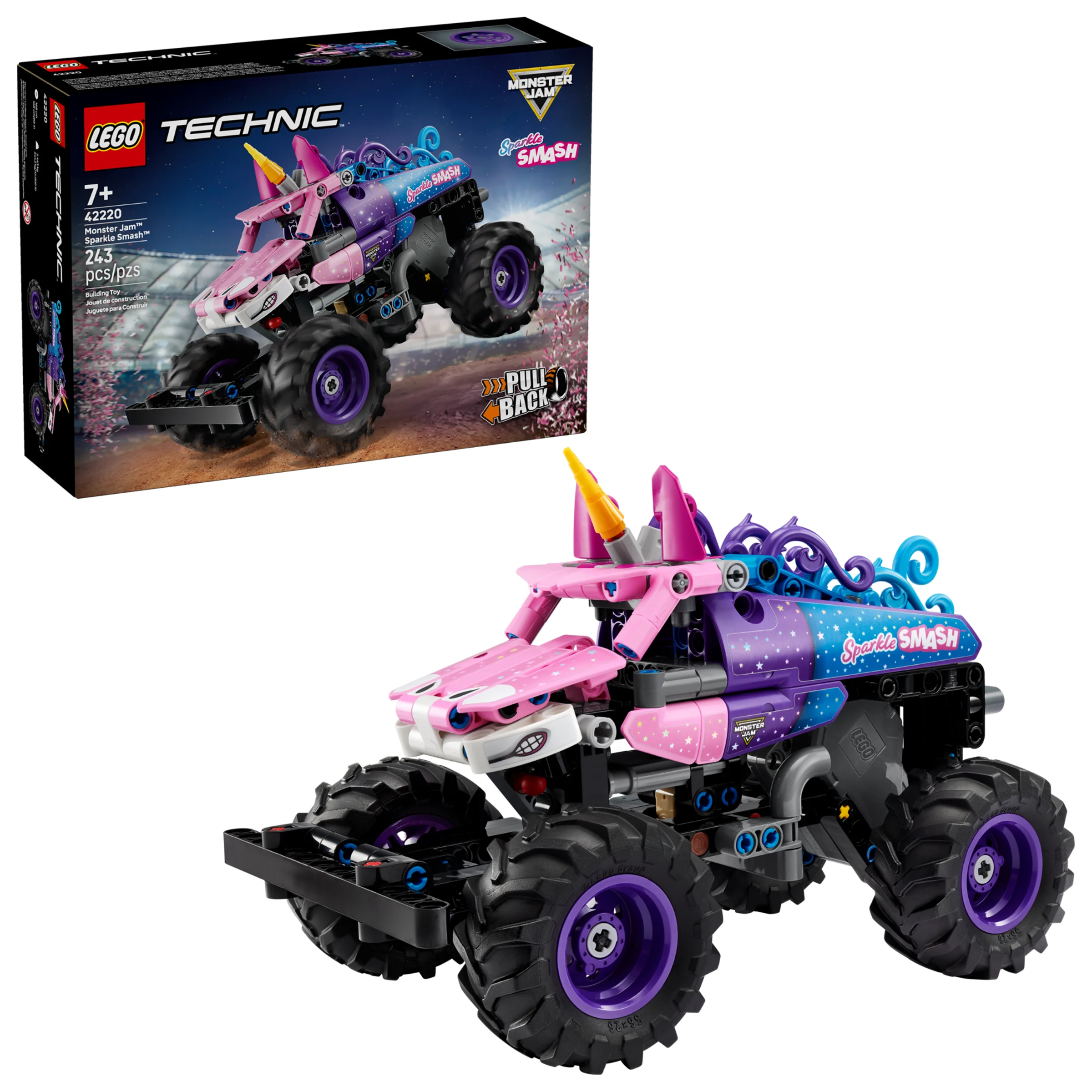 Imagine cu camionul monstru LEGO Technic 42220 'Sparkle Smash', alături de cutia produsului. Detalii roz și violet.