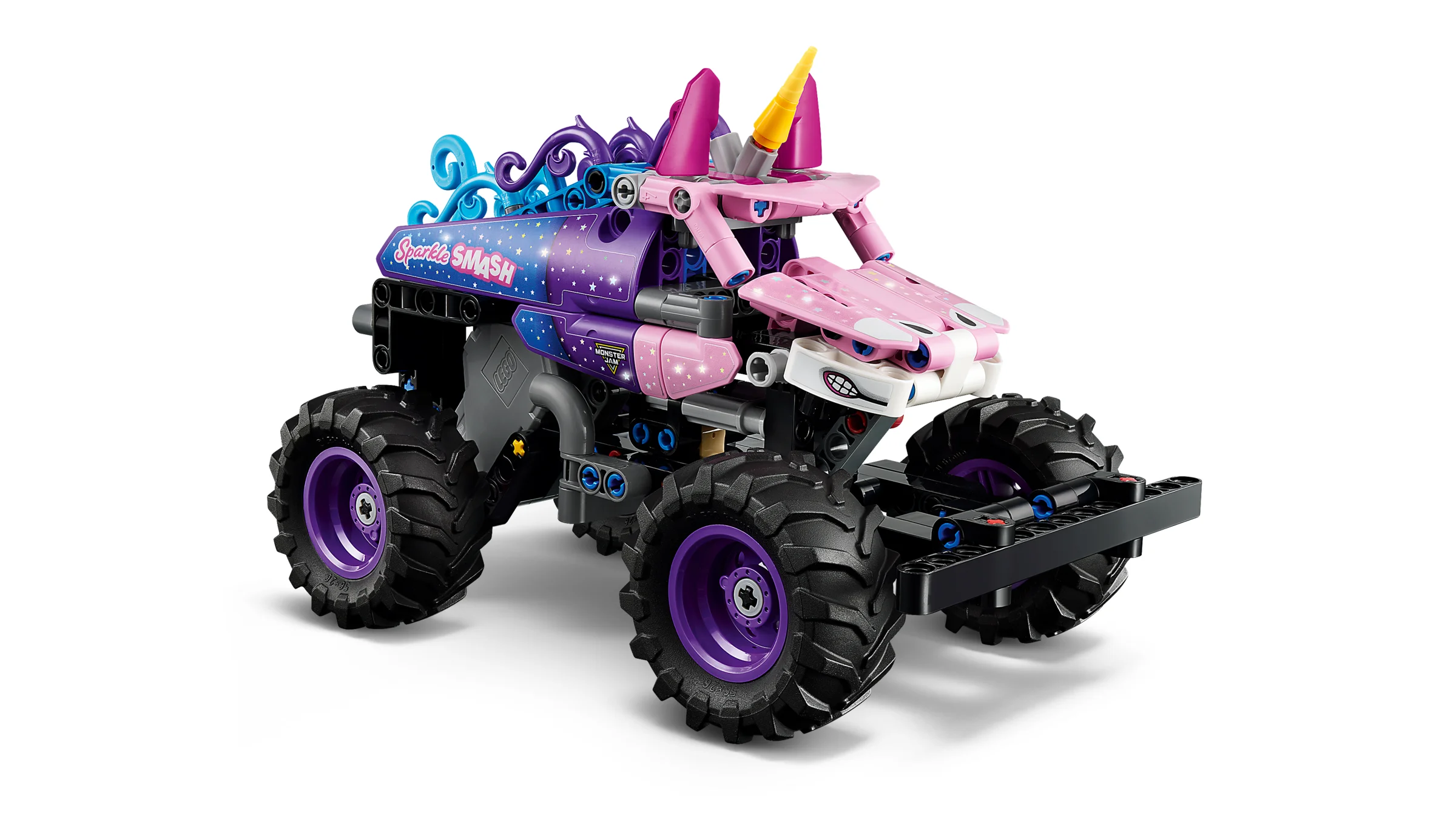 Imagine cu modelul LEGO Technic 42220 Monster Jam Sparkle Smash, un camion monstru colorat, stil unicorn.