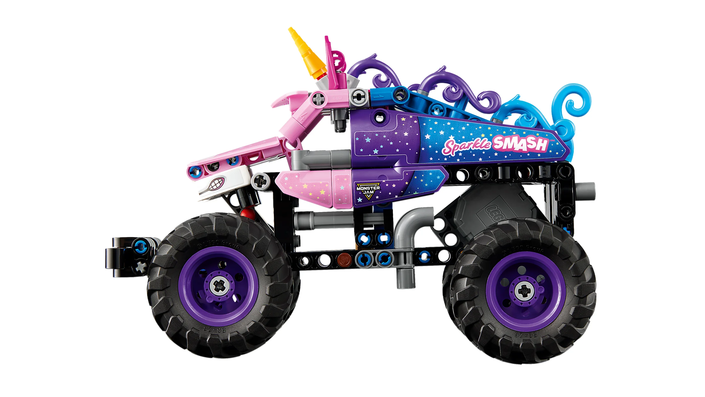 Imagine cu modelul LEGO Technic 42220 Monster Jam Sparkle Smash, un camion unicorn detaliat.