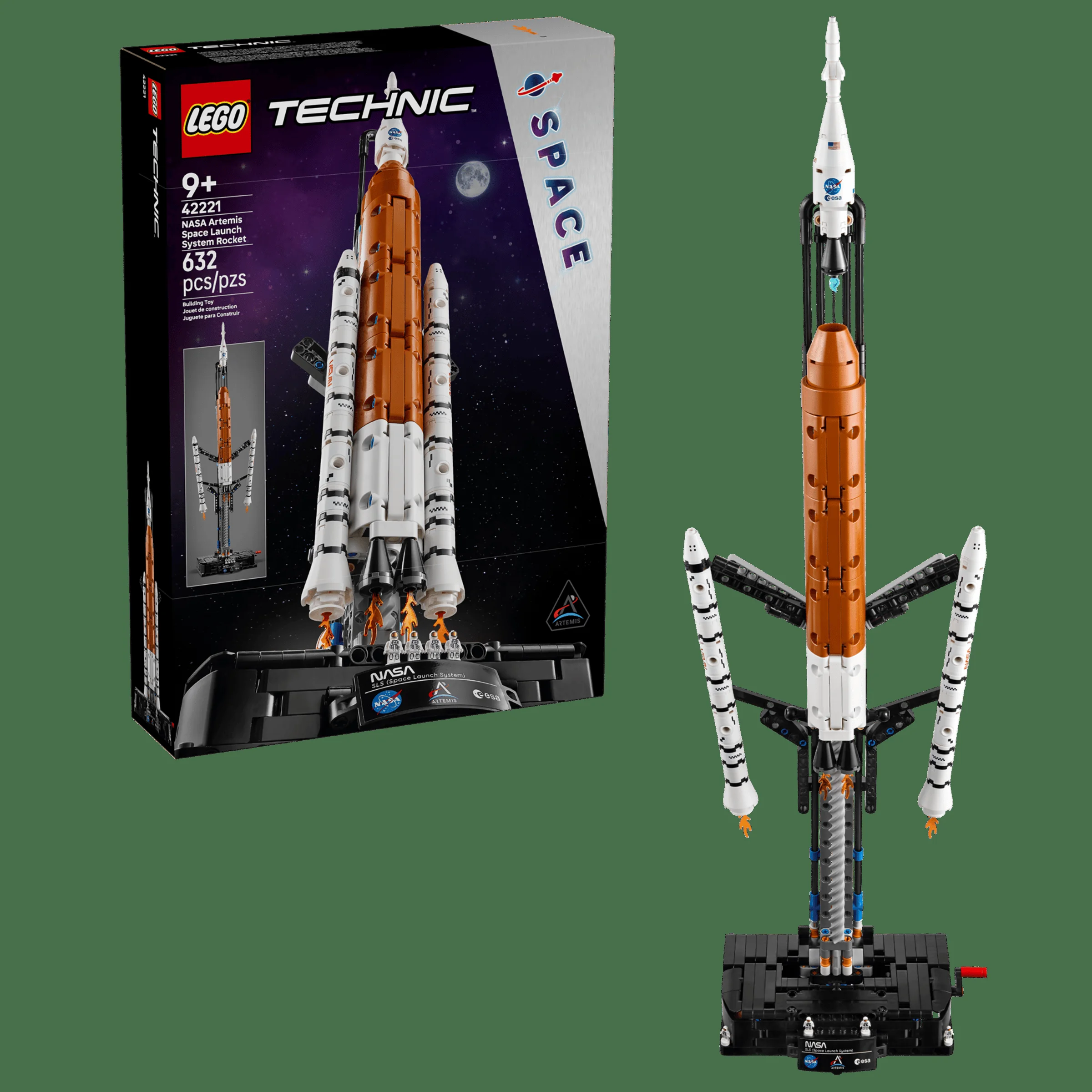 Imagine cu setul LEGO Technic NASA Artemis, arătând atât cutia, cât și modelul asamblat.