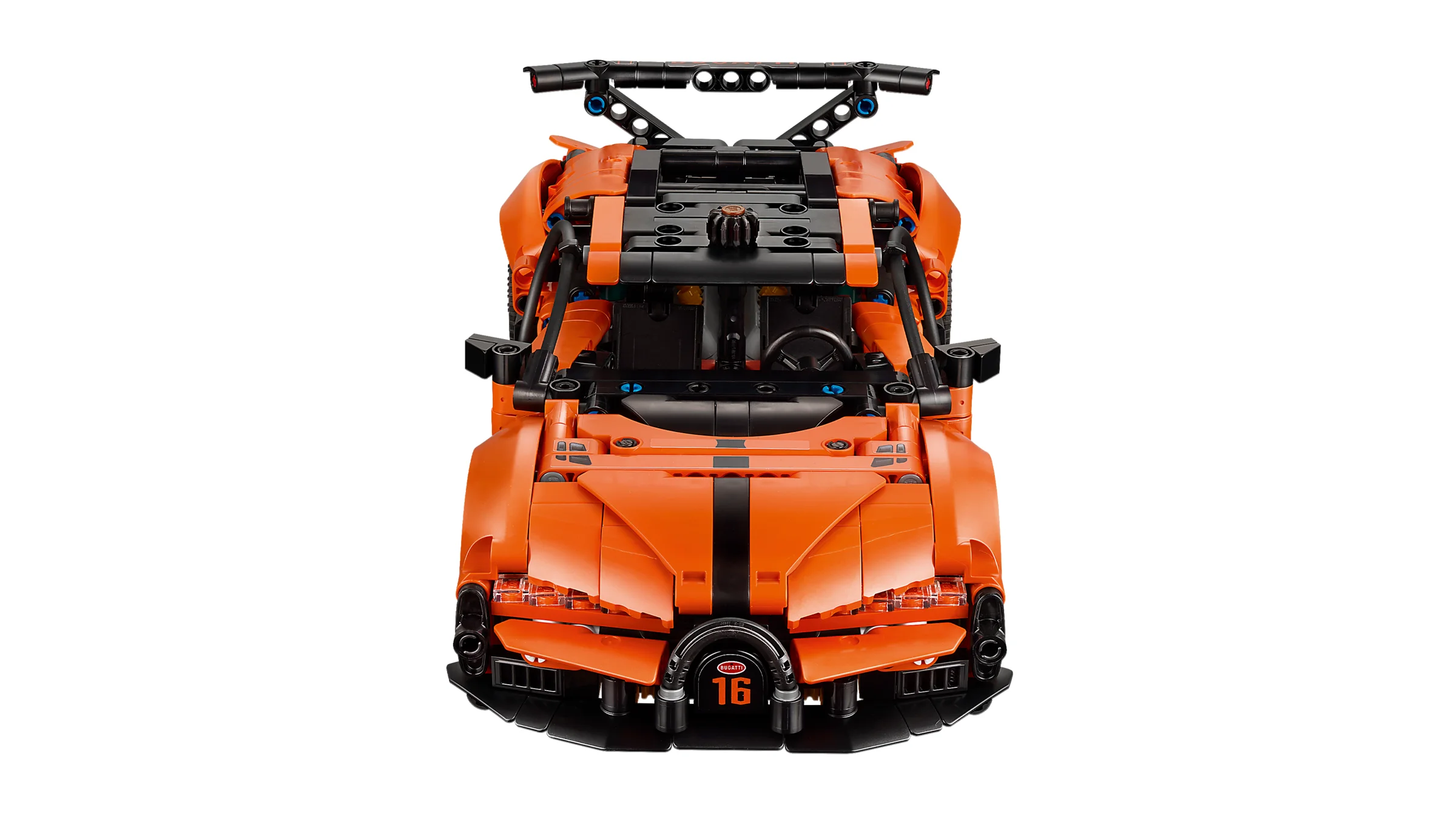 Imagine frontală a modelului LEGO Technic Bugatti Chiron Pur Sport, portocaliu și negru.