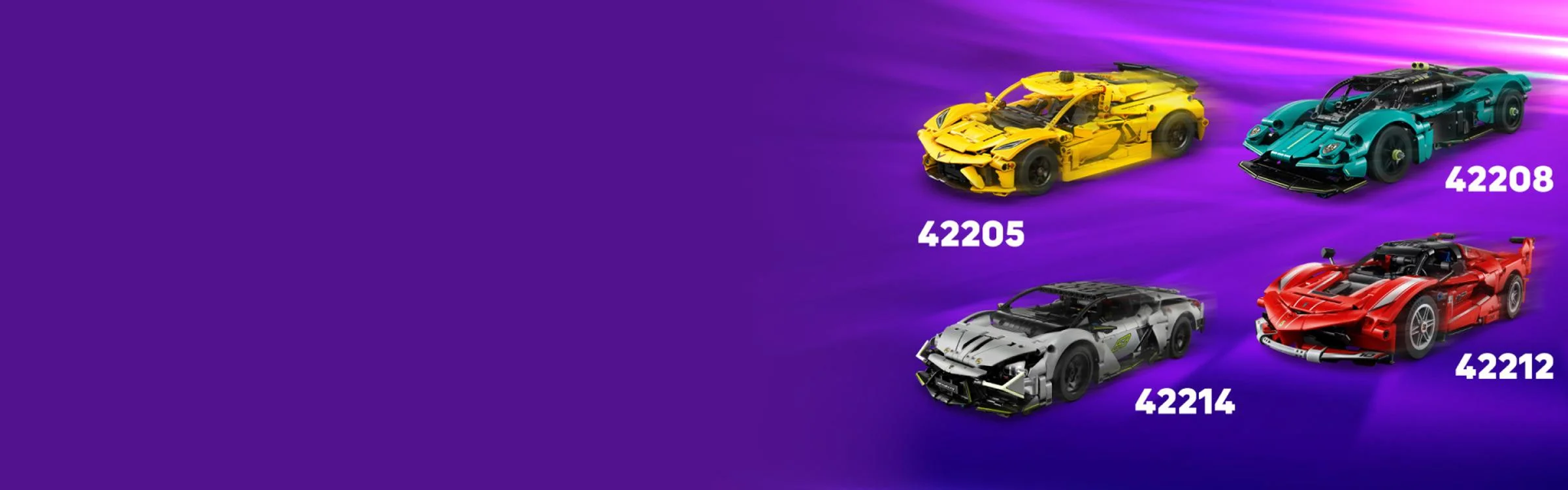 Prezentare cu diferite modele de mașini LEGO Technic, inclusiv o Bugatti galbenă.