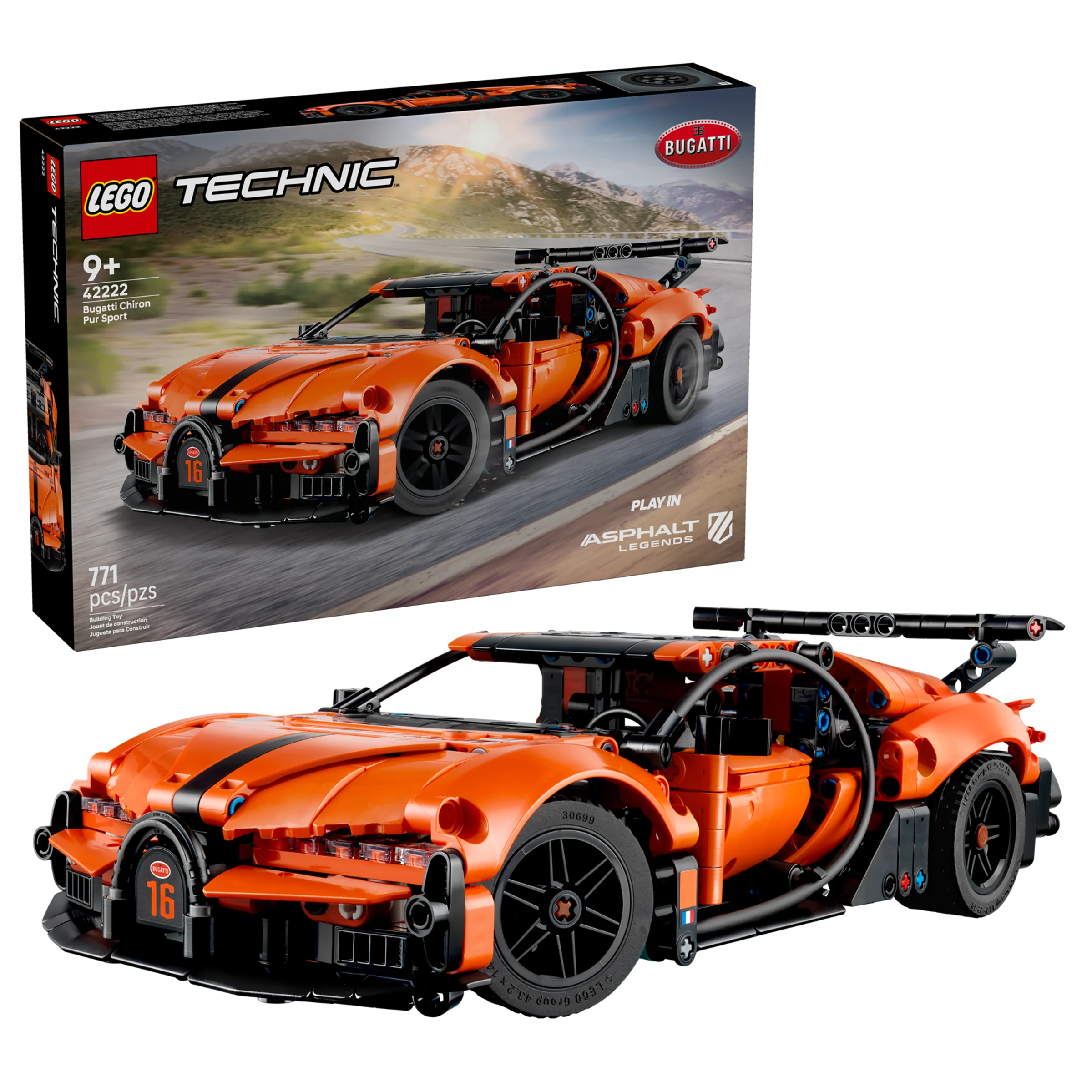 Imagine cu setul LEGO Technic Bugatti Chiron Pur Sport (42222) și cutia. Modelul are detalii realiste.