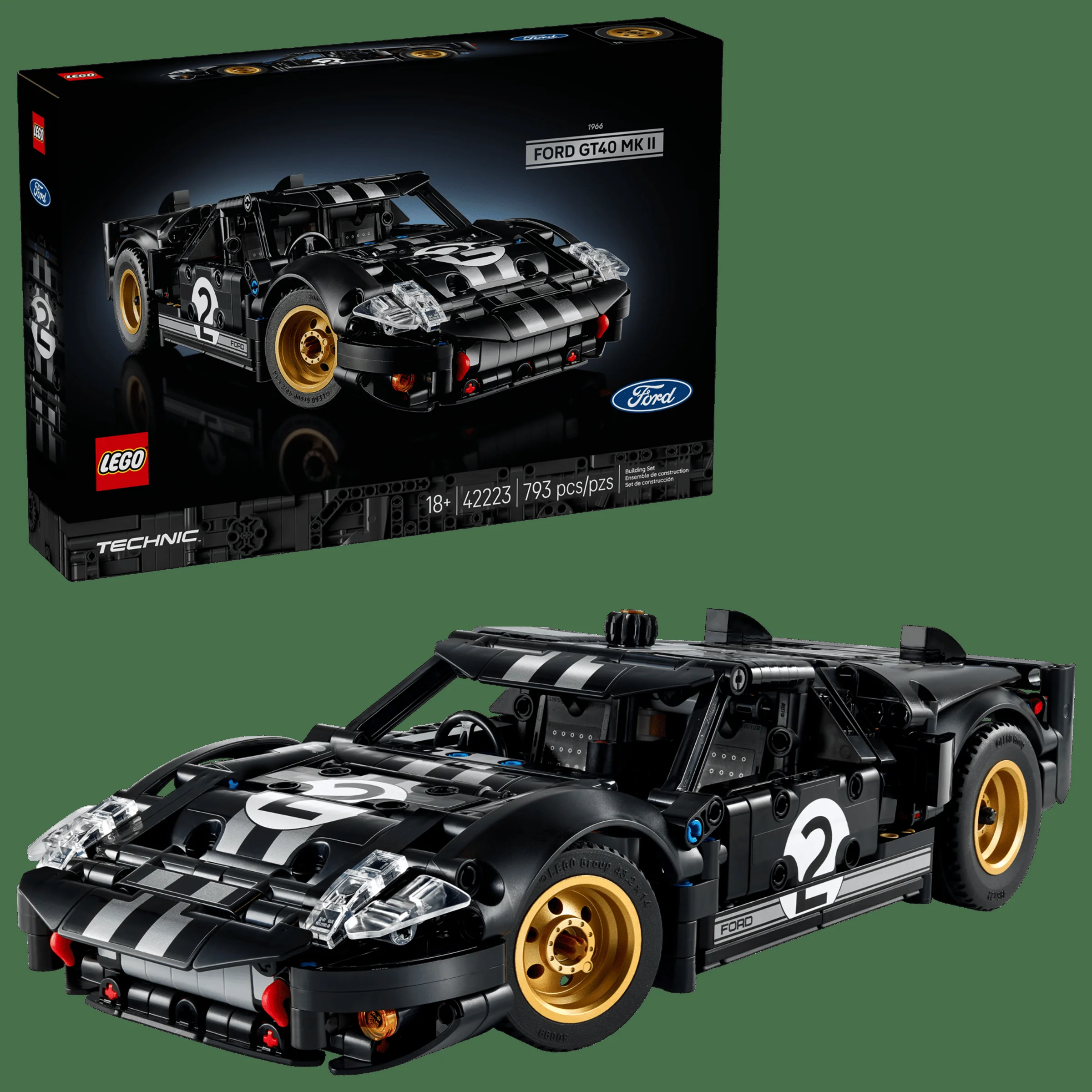 Imagine cu Ford GT40 MKII, setul LEGO 42223, și cutia sa. Un model iconic!
