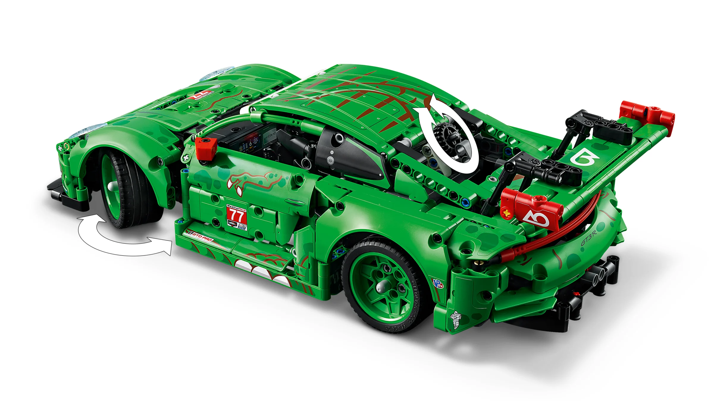 Porsche 911 GT3 R verde, cu detalii și funcții Technic vizibile. Mașina cursei Rexy AO.