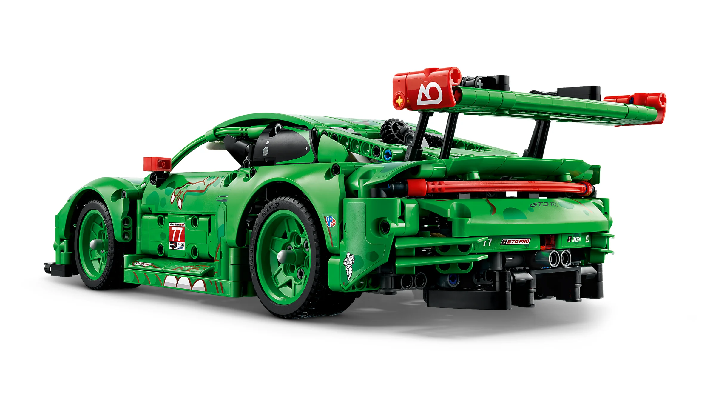 Vedere din spate a mașinii LEGO Technic Porsche 911 GT3 R, verde și cu detalii complexe.