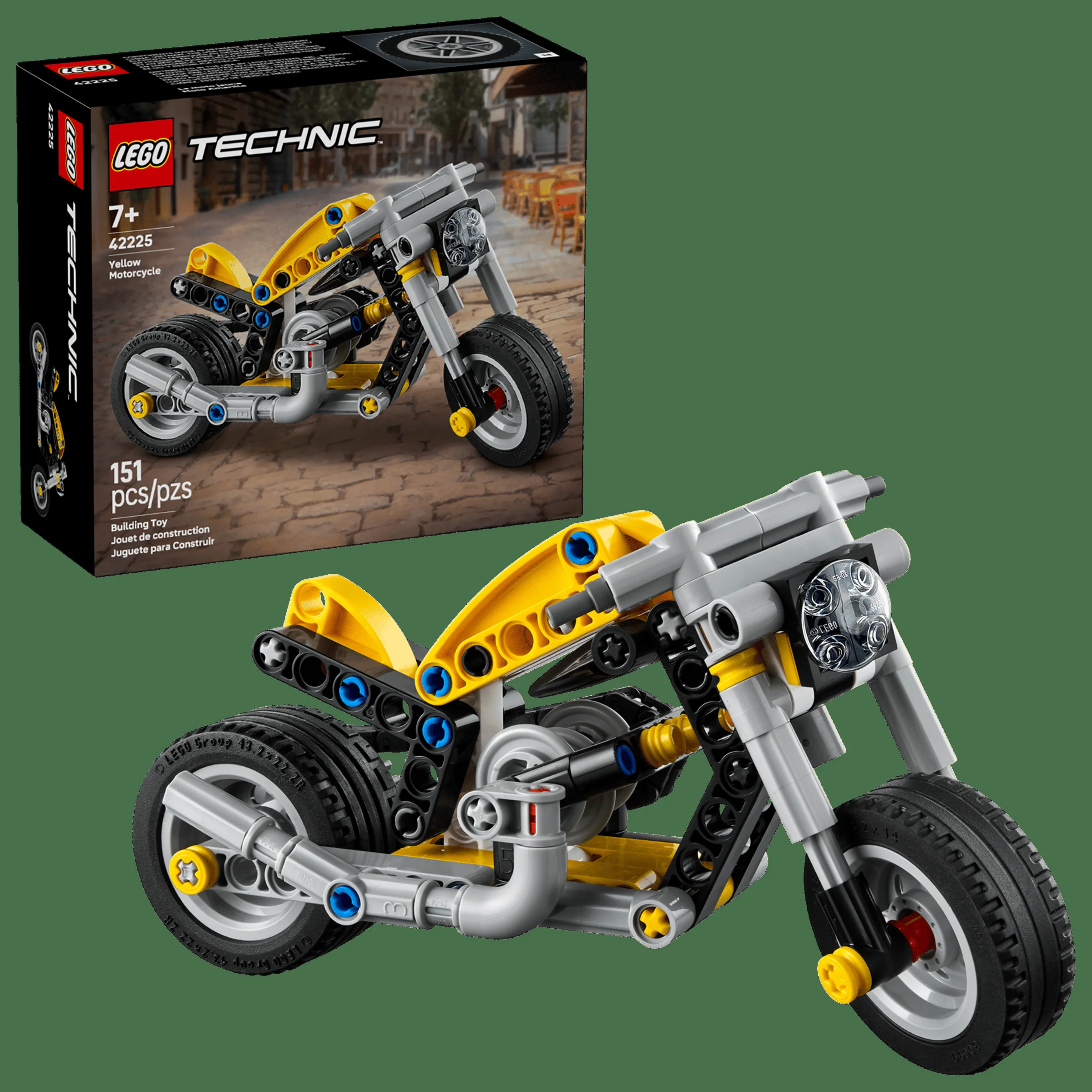 Imagine cu motocicleta galbenă LEGO Technic 42225 și cutia produsului, arătând detalii și design.