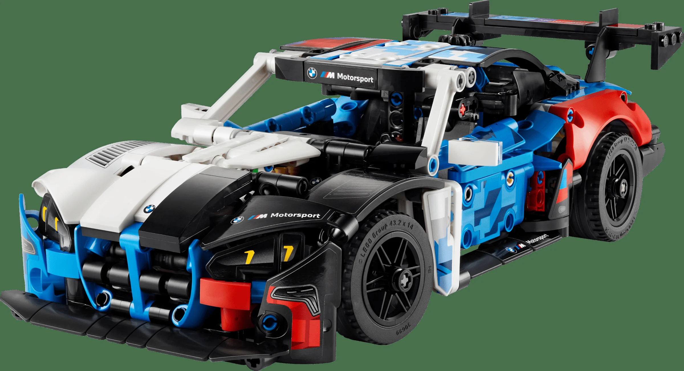 Imagine detaliată a modelului LEGO BMW M4 GT3 EVO, cu detalii de construcție.
