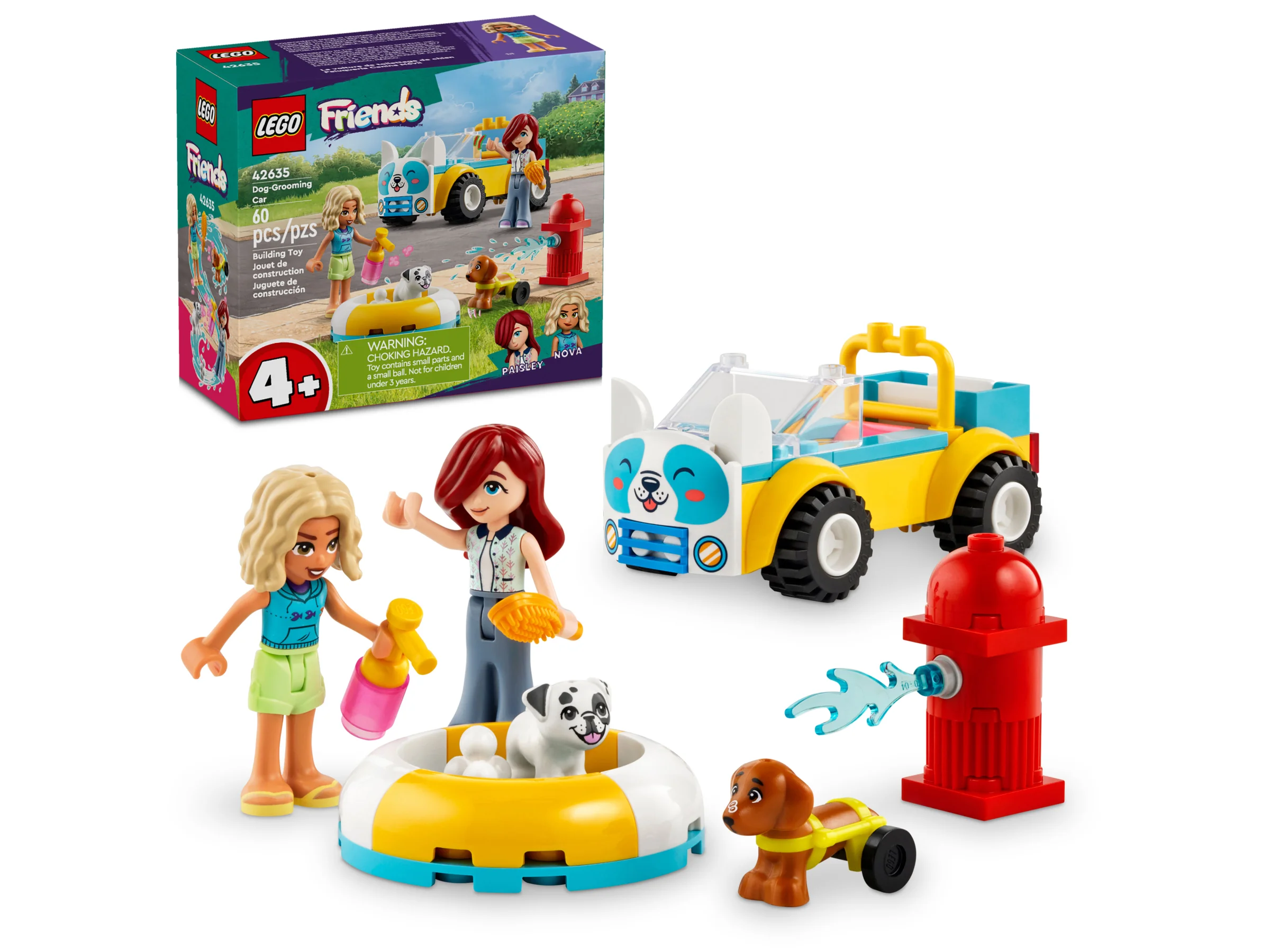 Imagine cu setul LEGO Friends 42635, Mașina de toaletare câini, incluzând minifigurinele și accesoriile.