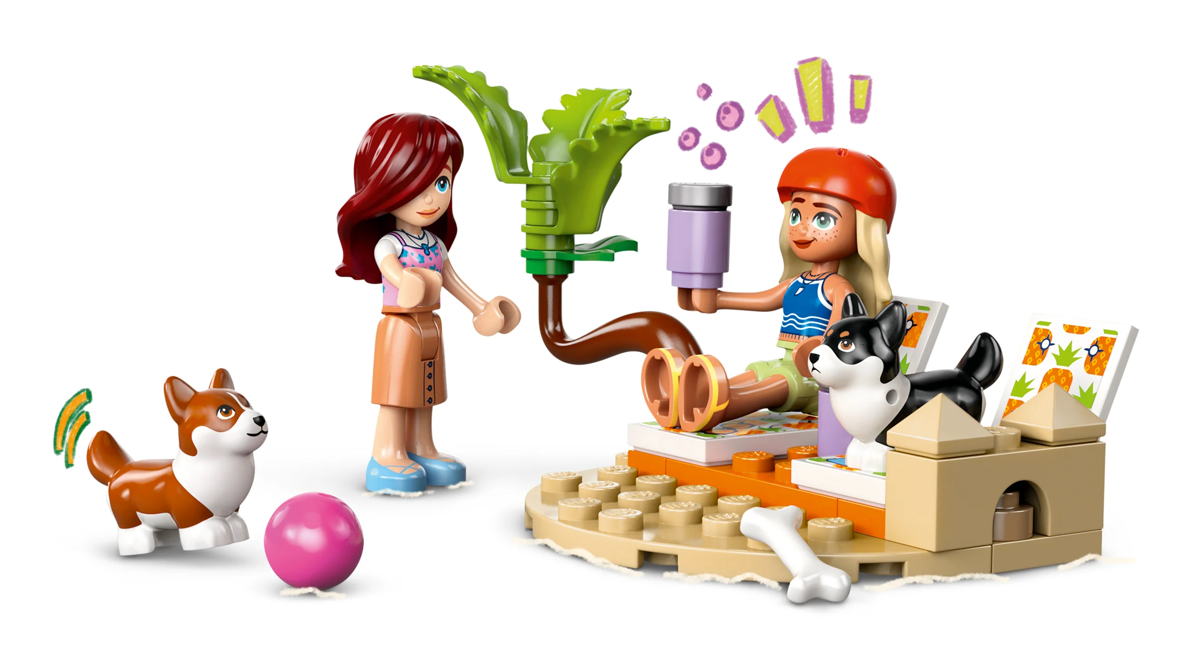 Imagine cu setul LEGO Friends 42641. Include două mini-păpuși, doi căței și accesorii de plajă. Distracție la soare!