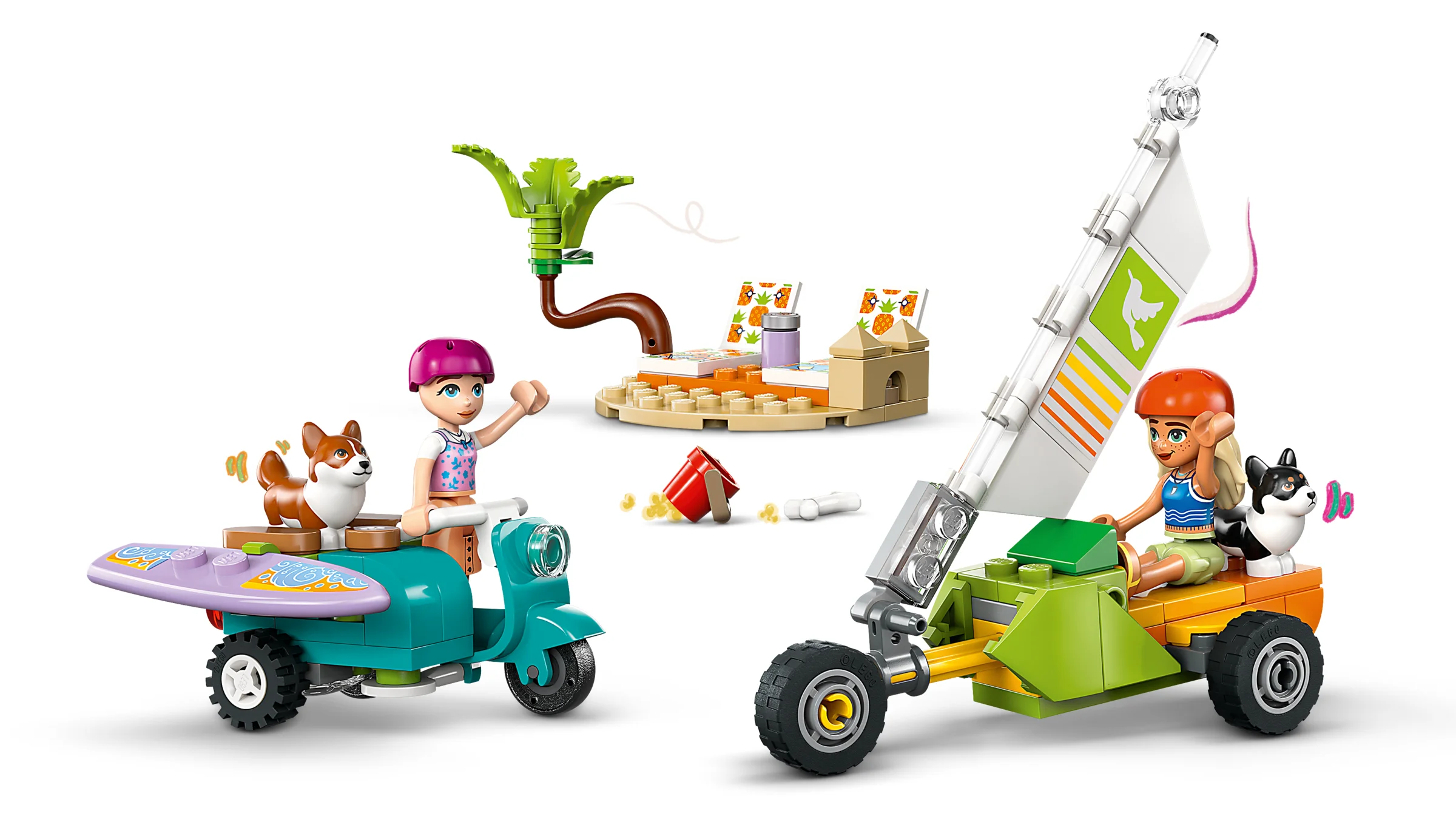Setul LEGO Friends 42641 prezintă aventuri cu câini surferi și un scuter. Atmosferă de plajă și distracție!