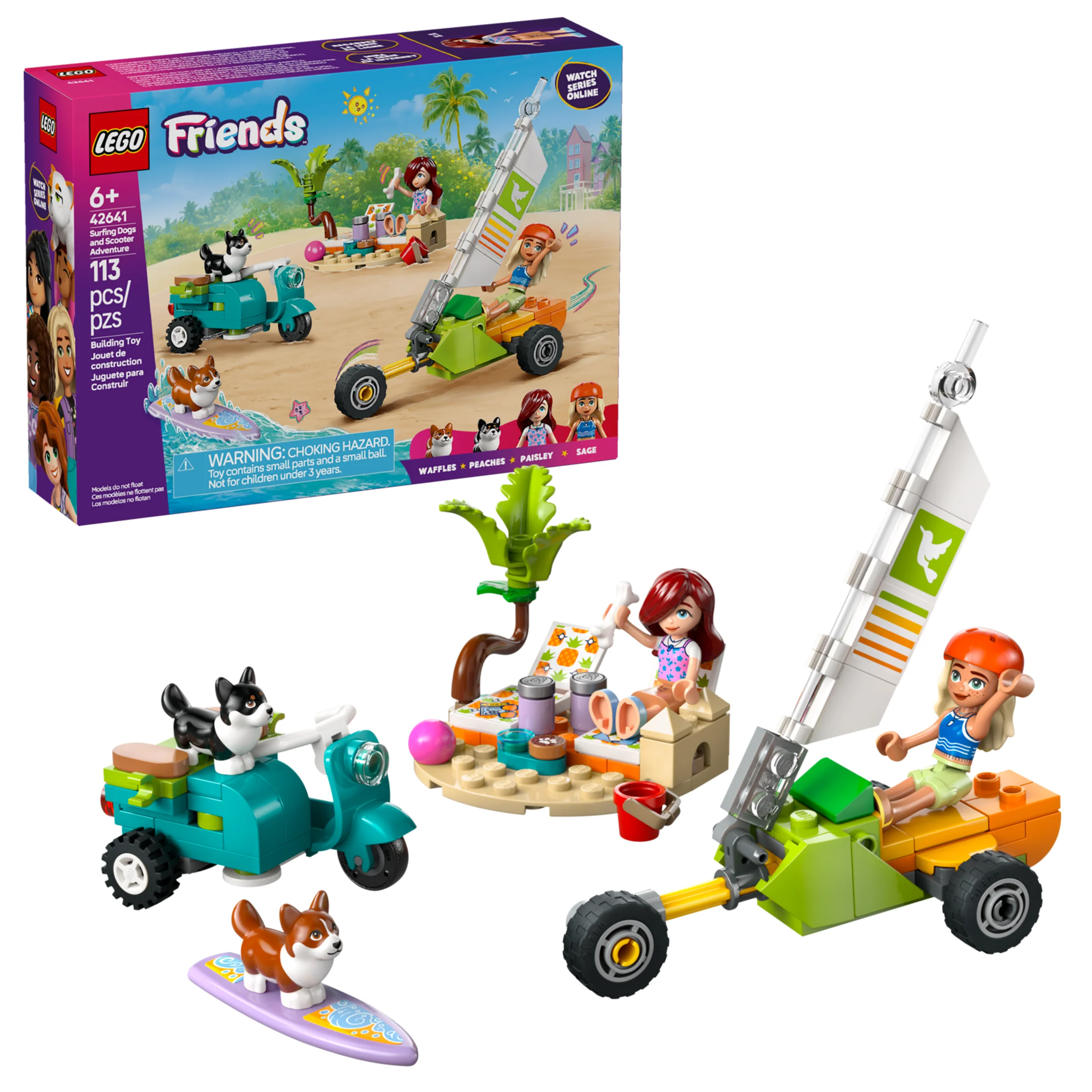 Imagine cu setul LEGO Friends 42641, cu o trotinetă, un vehicul cu pânze și figurinele incluse.