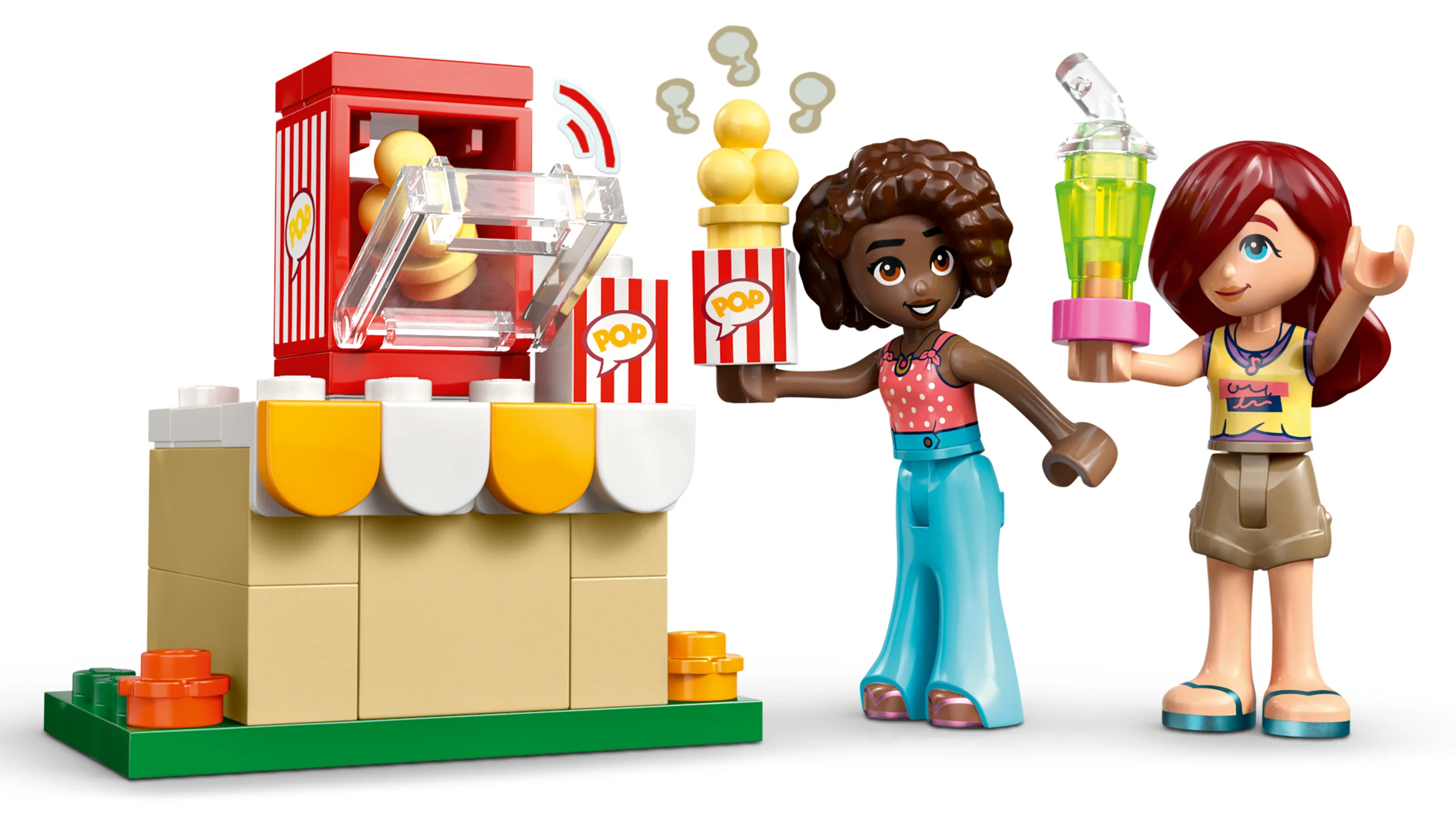 Două minifigurine LEGO Friends, stand de popcorn și băuturi. Setul 42642.