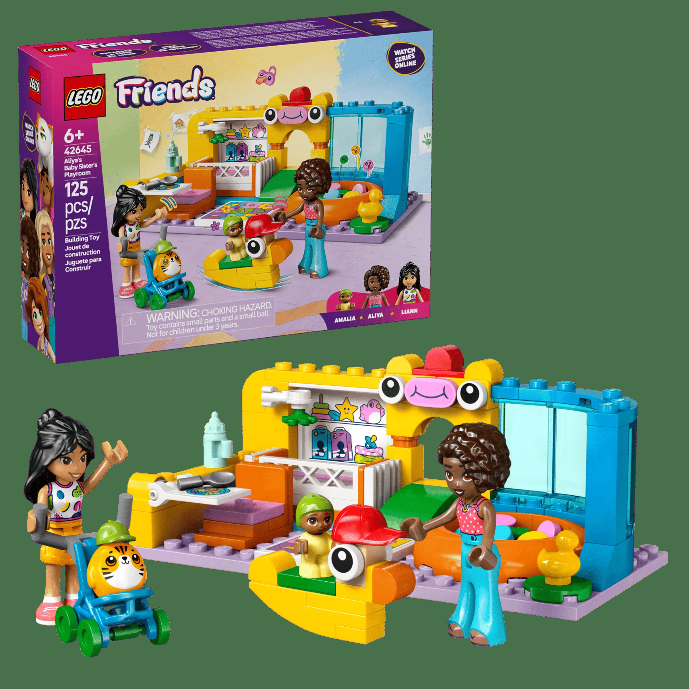 Imagine cu setul LEGO Friends 42645, „Camera de joacă a surorii lui Aliya”, cu cutia și modelul asamblat.