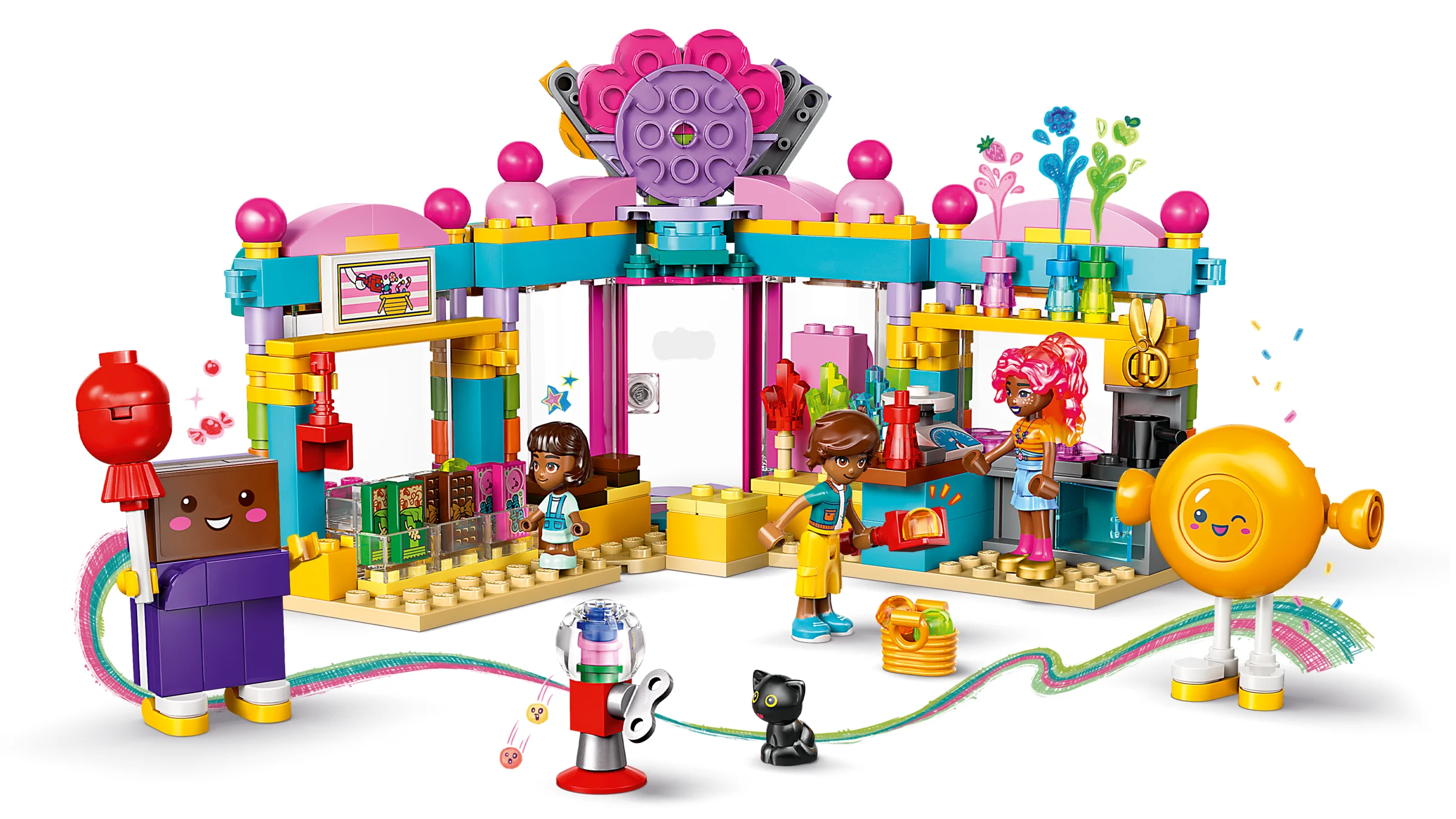 Magazinul de dulciuri Heartlake City detaliat, cu minifigurine și detalii colorate, atrăgător pentru copii.