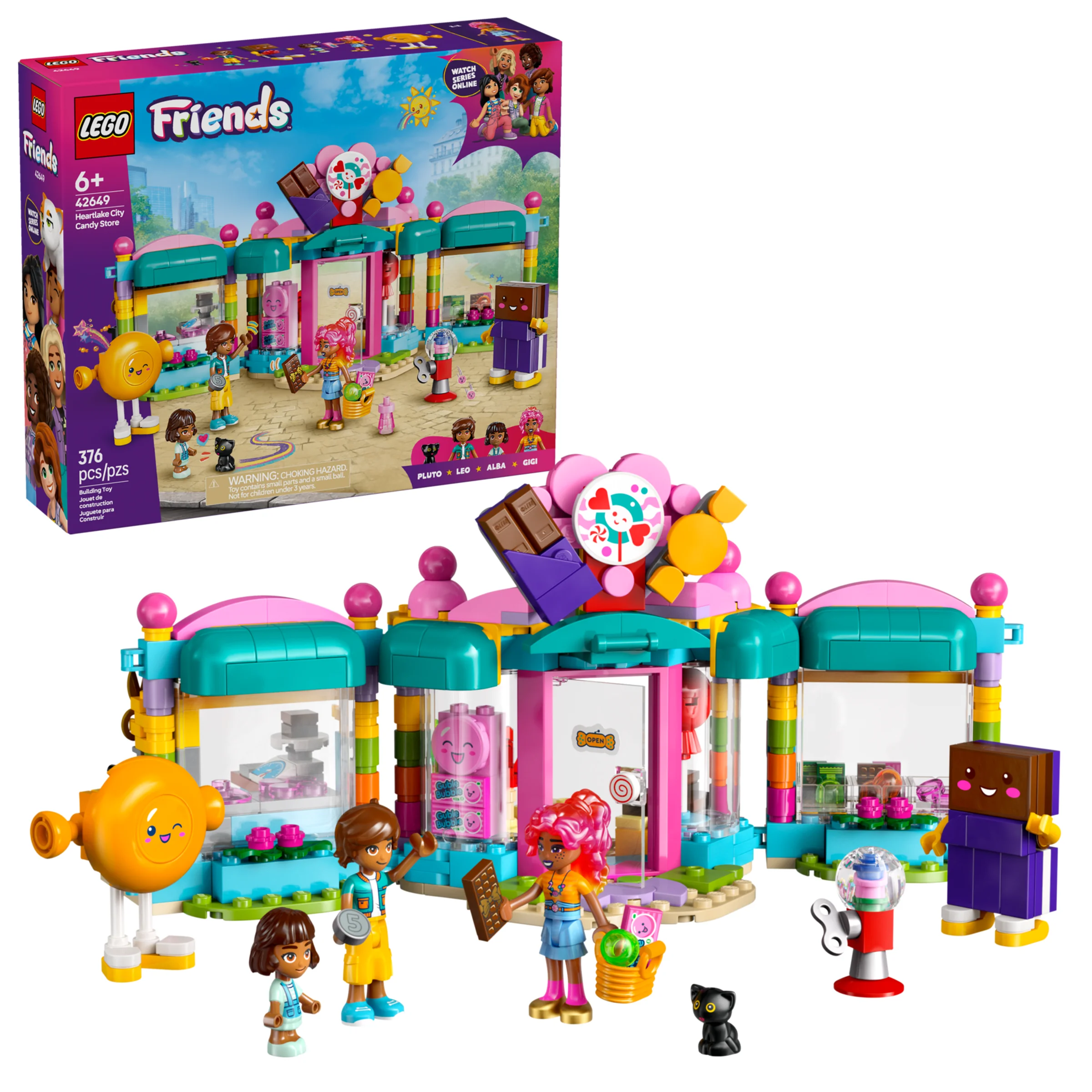 Imagine cu setul LEGO Friends 42649, Magazinul de Dulciuri din Heartlake City, cu minifigurinele și cutia.