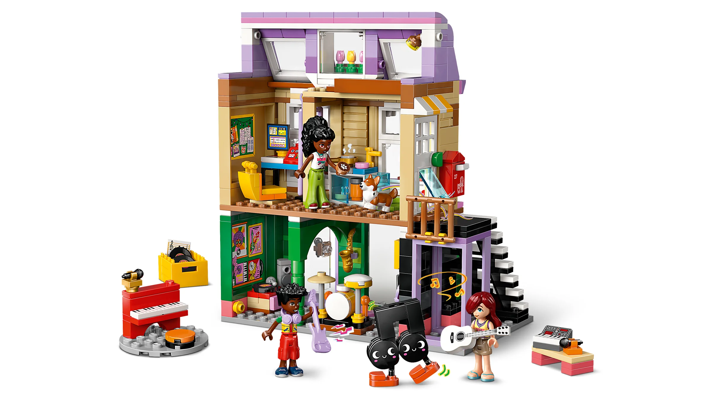 Set LEGO Friends 42653: Magazin de muzică și apartament cu minifigurine și detalii muzicale.