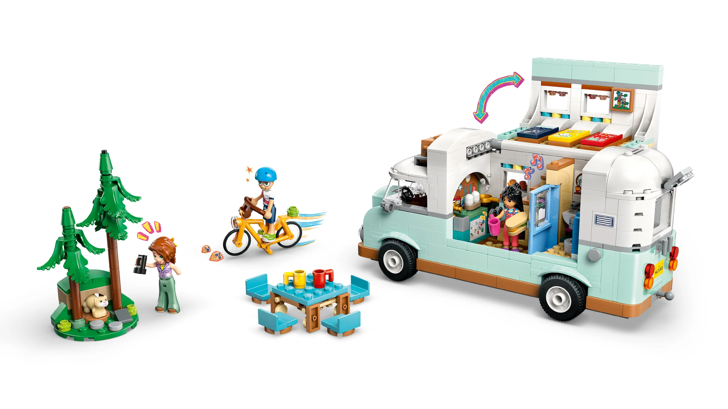 Imagine cu setul LEGO Friendship Camper Van Adventure, modelul complet și minifigurinele.