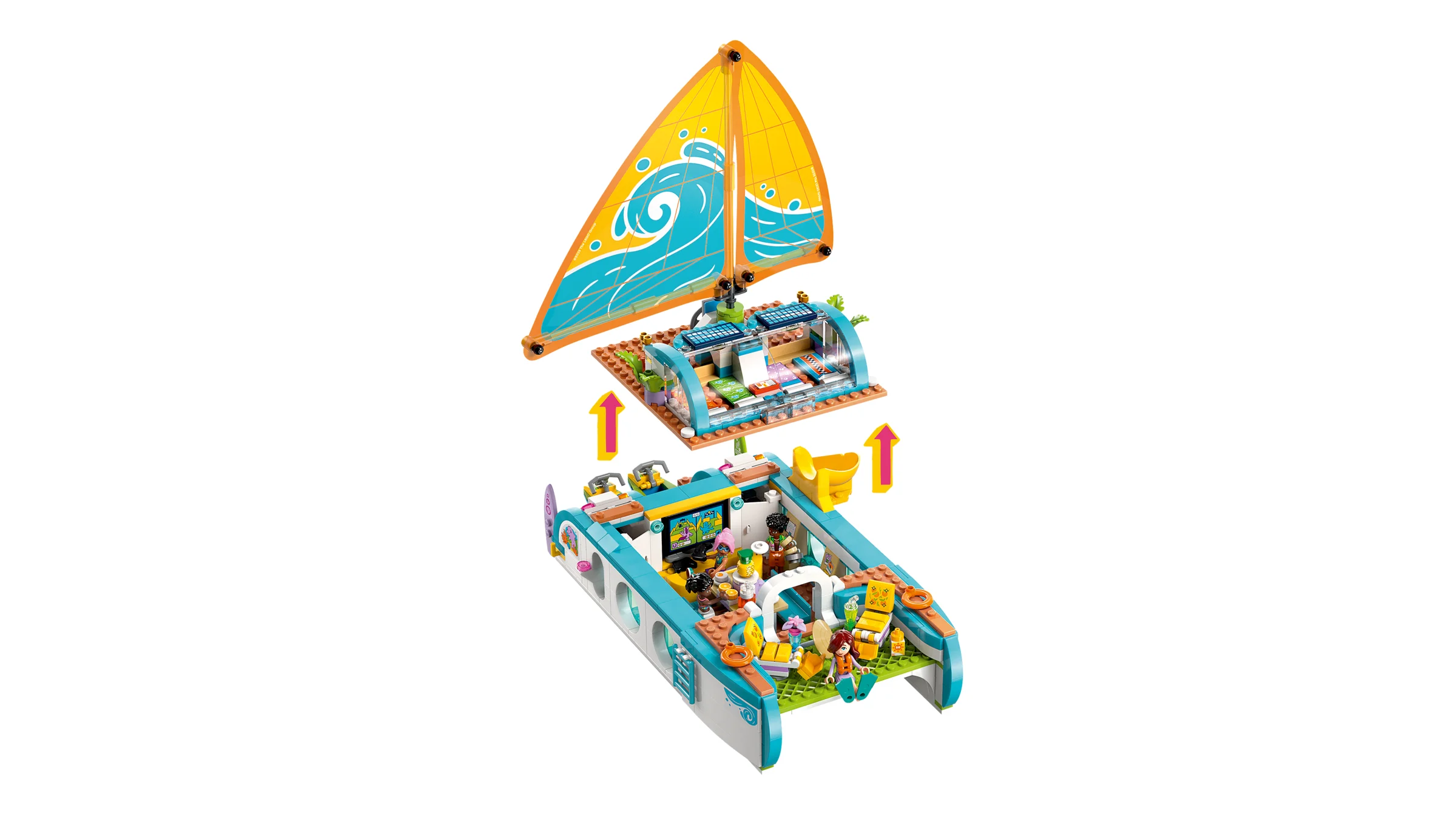 O vedere explodată a setului LEGO Friends 42664, cu componentele separate și gata de asamblat.