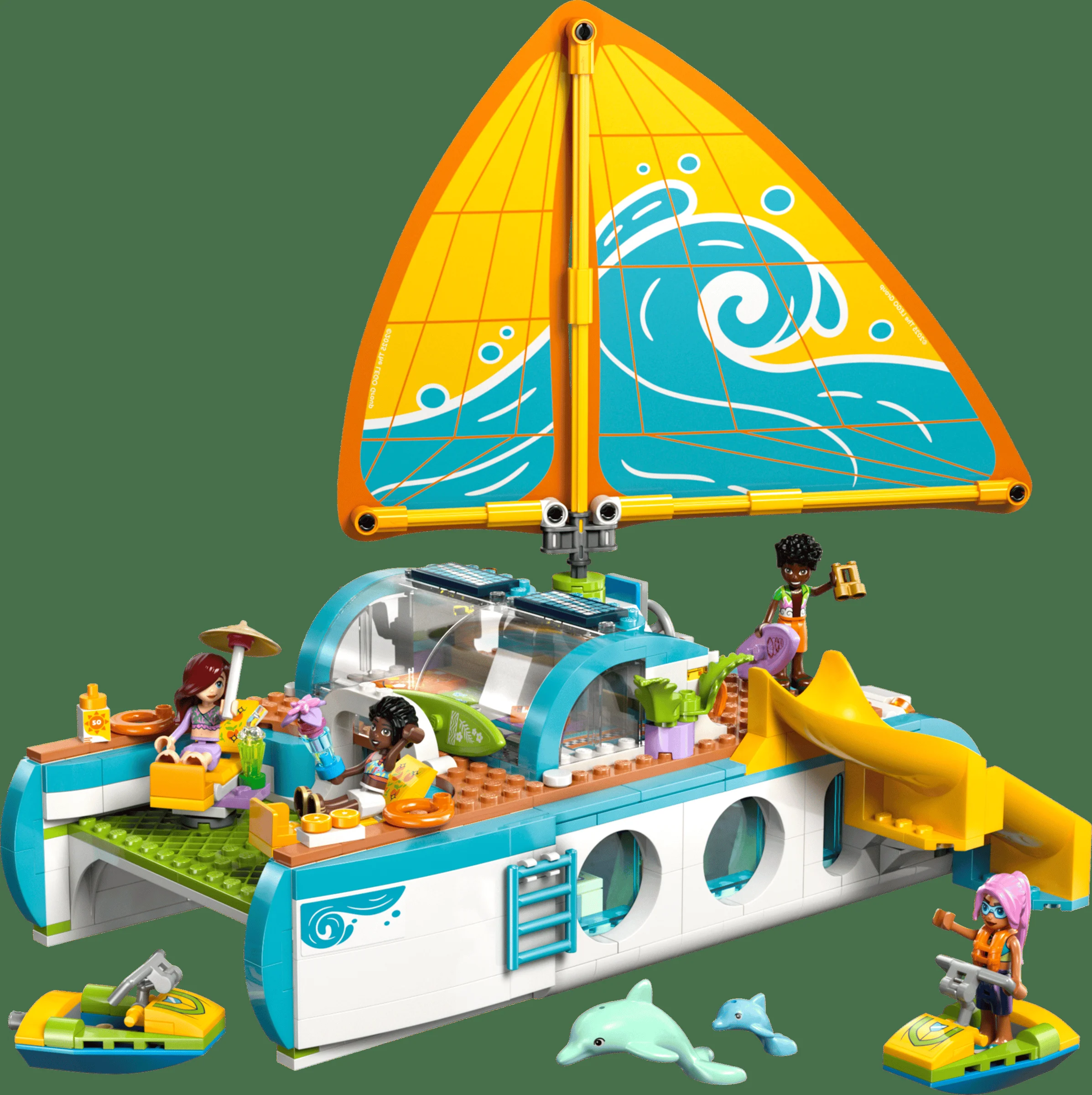 Imagine cu setul LEGO Friends 42664, o aventură cu barca, cu minifigurine și detalii.