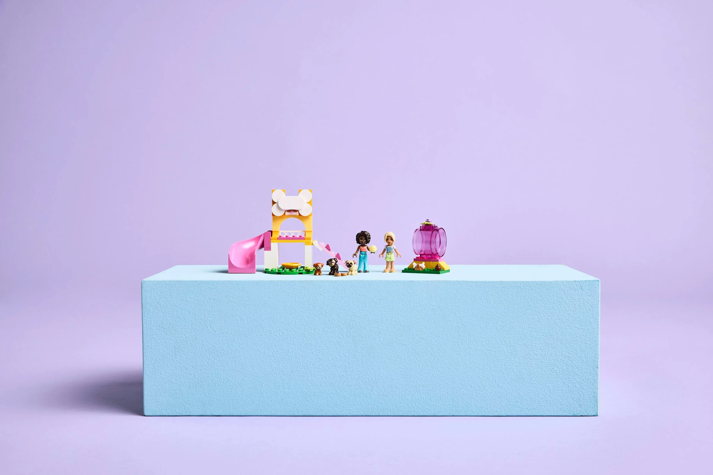 Setul LEGO Friends 42665, cu două mini-păpuși, trei cățeluși și un loc de joacă colorat.