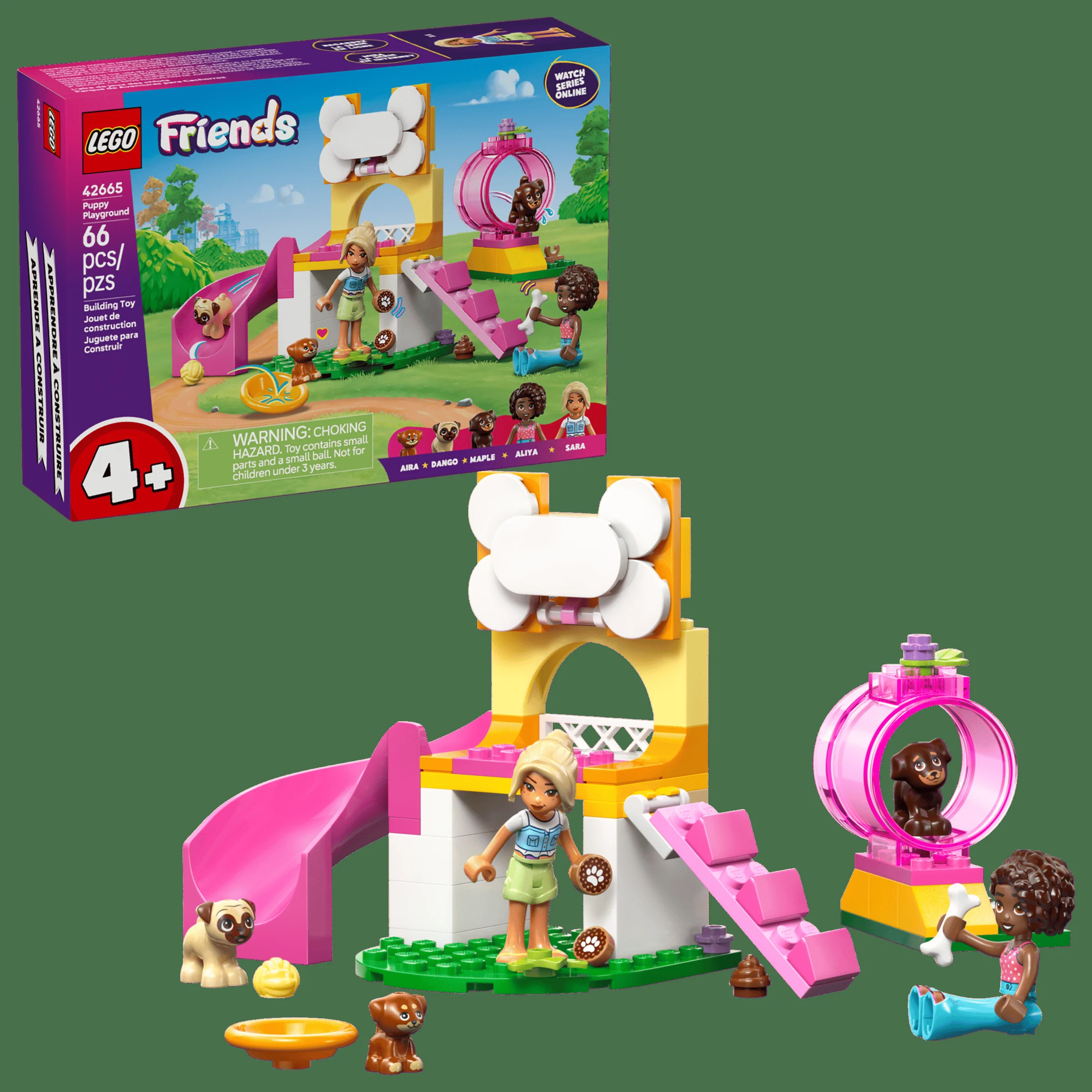 Imagine cu setul LEGO Friends 42665, Parcul de joacă pentru căței, cu tobogan, obstacole și minifigurine.