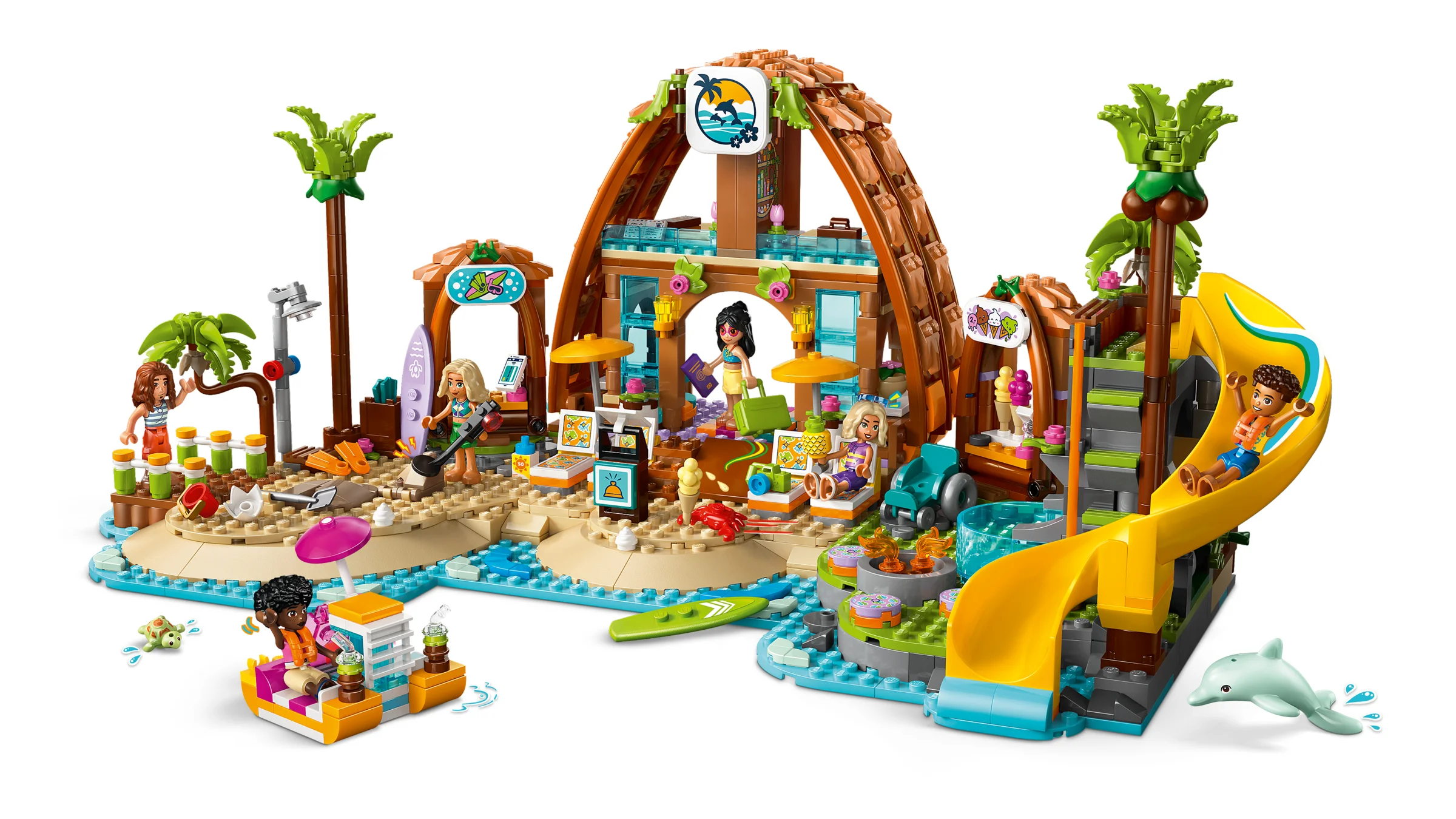 Vedere detaliată a stațiunii LEGO Friends de pe plajă, perfectă pentru vacanța de familie.