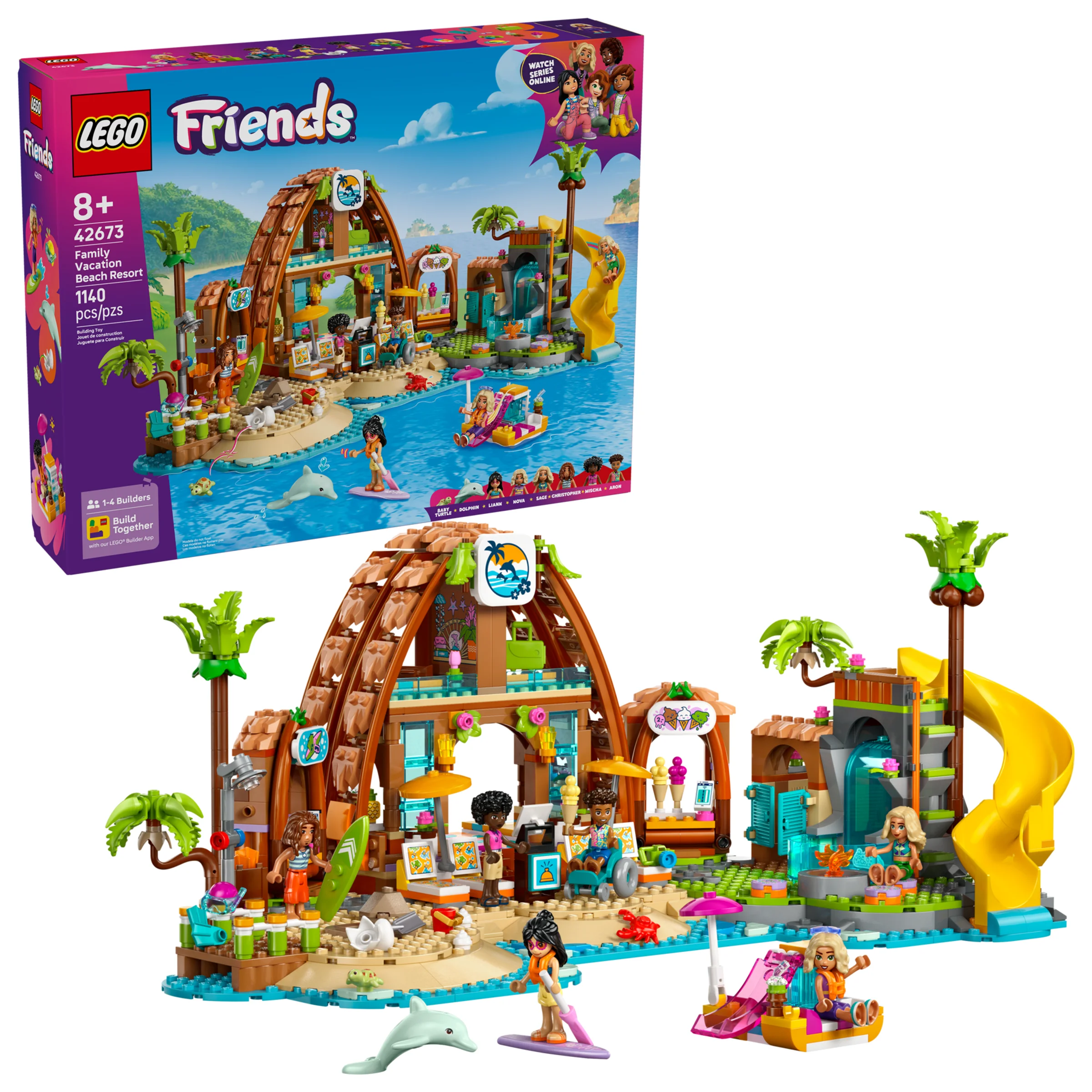 Imagine cu setul LEGO Friends 42673 Stațiunea de Vacanță la Plajă, inclusiv cutia și modelul asamblat.