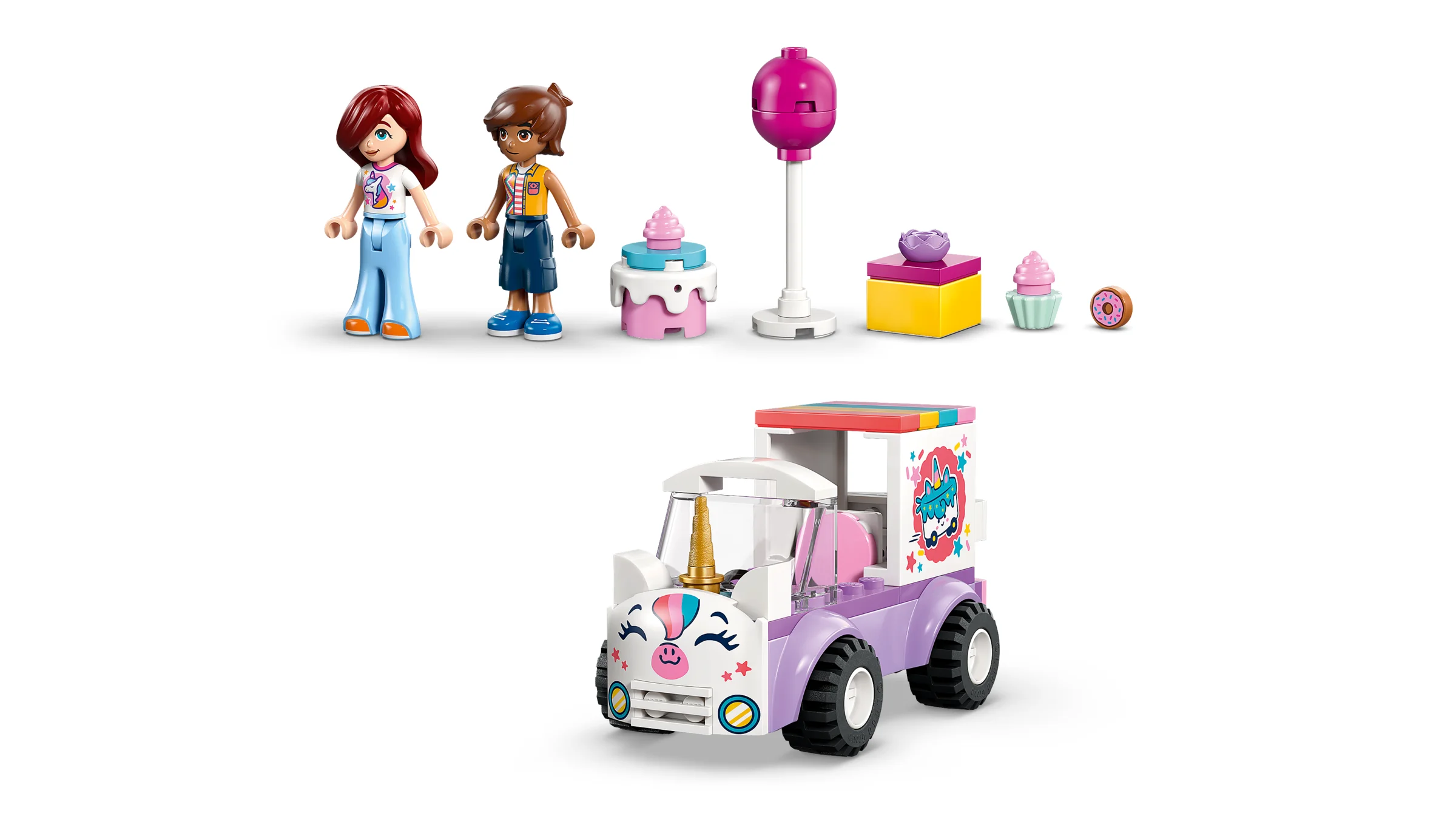 Setul LEGO Friends 42675 include o mașină de livrare a torturilor cu unicorn și minifigurine.