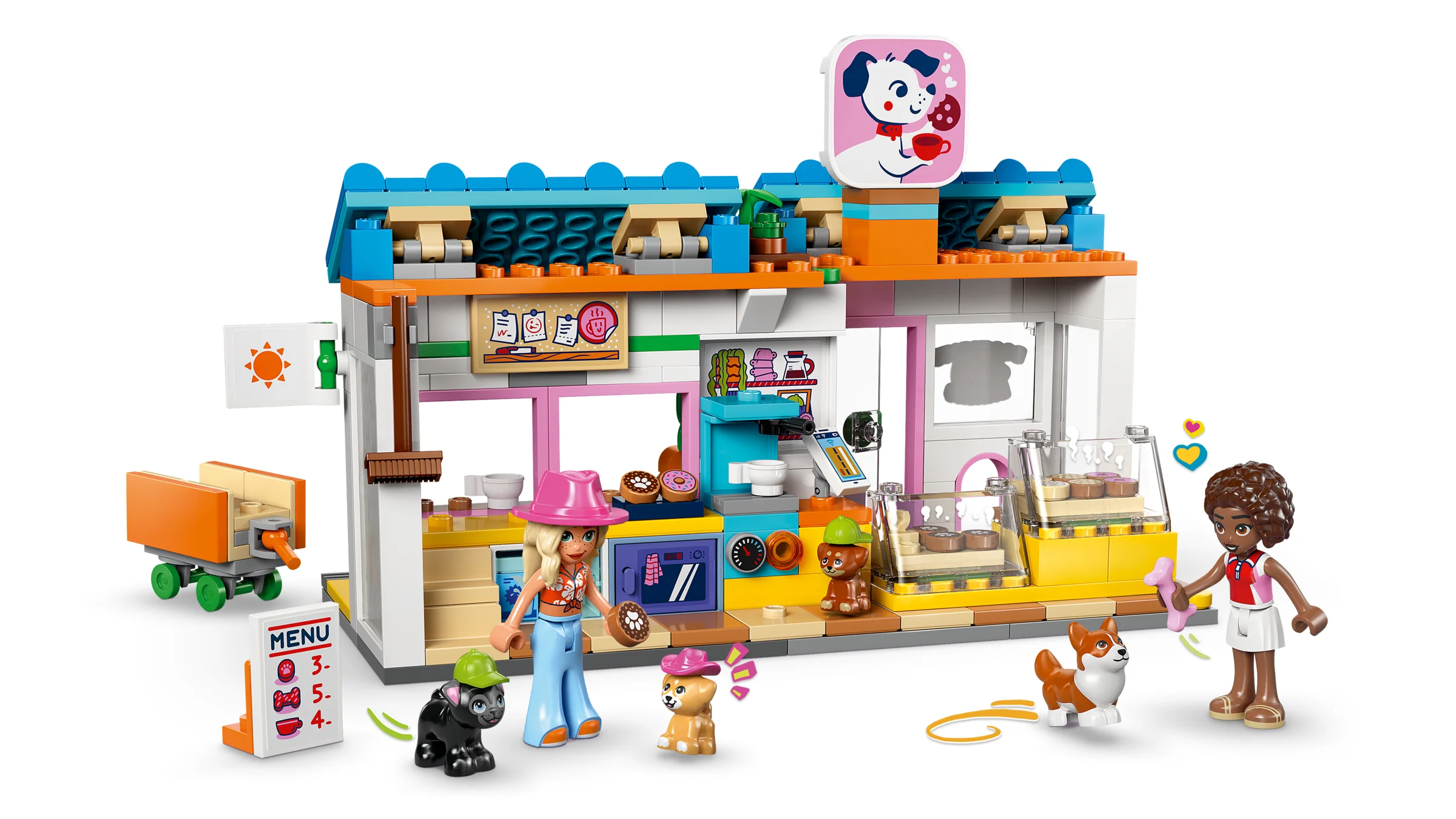 Imagine cu brutăria pentru câini, setul LEGO 42677, cu figurine și detalii ale modelului.