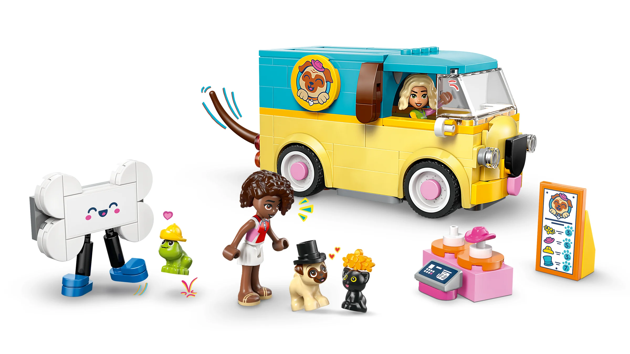 Setul LEGO Friends 42678 prezintă o dubiță pentru accesorii pentru animale de companie, cu minifigurine și detalii.