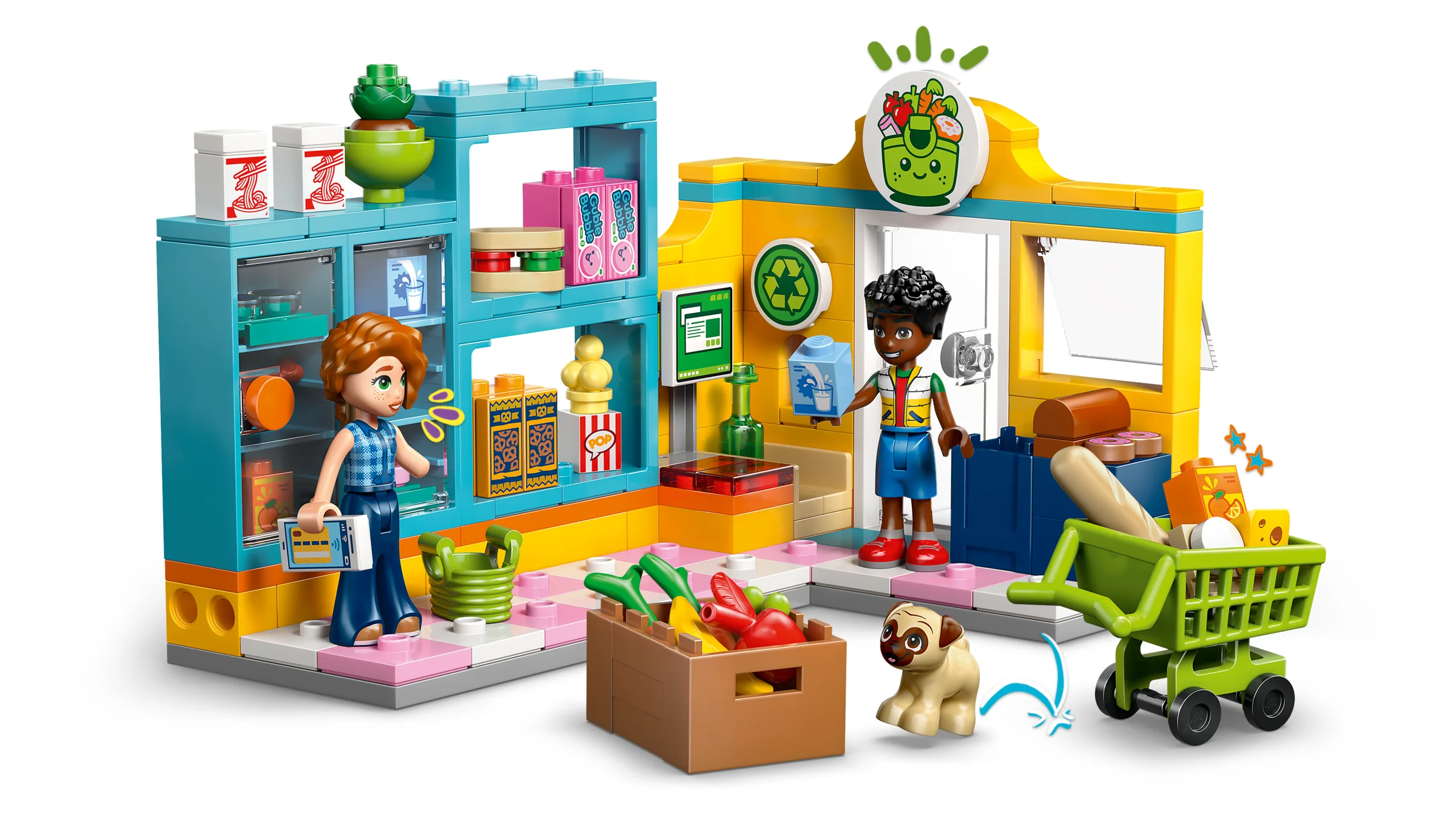 Imagine cu setul LEGO Friends 42680, un mini supermarket viu colorat din Heartlake City.