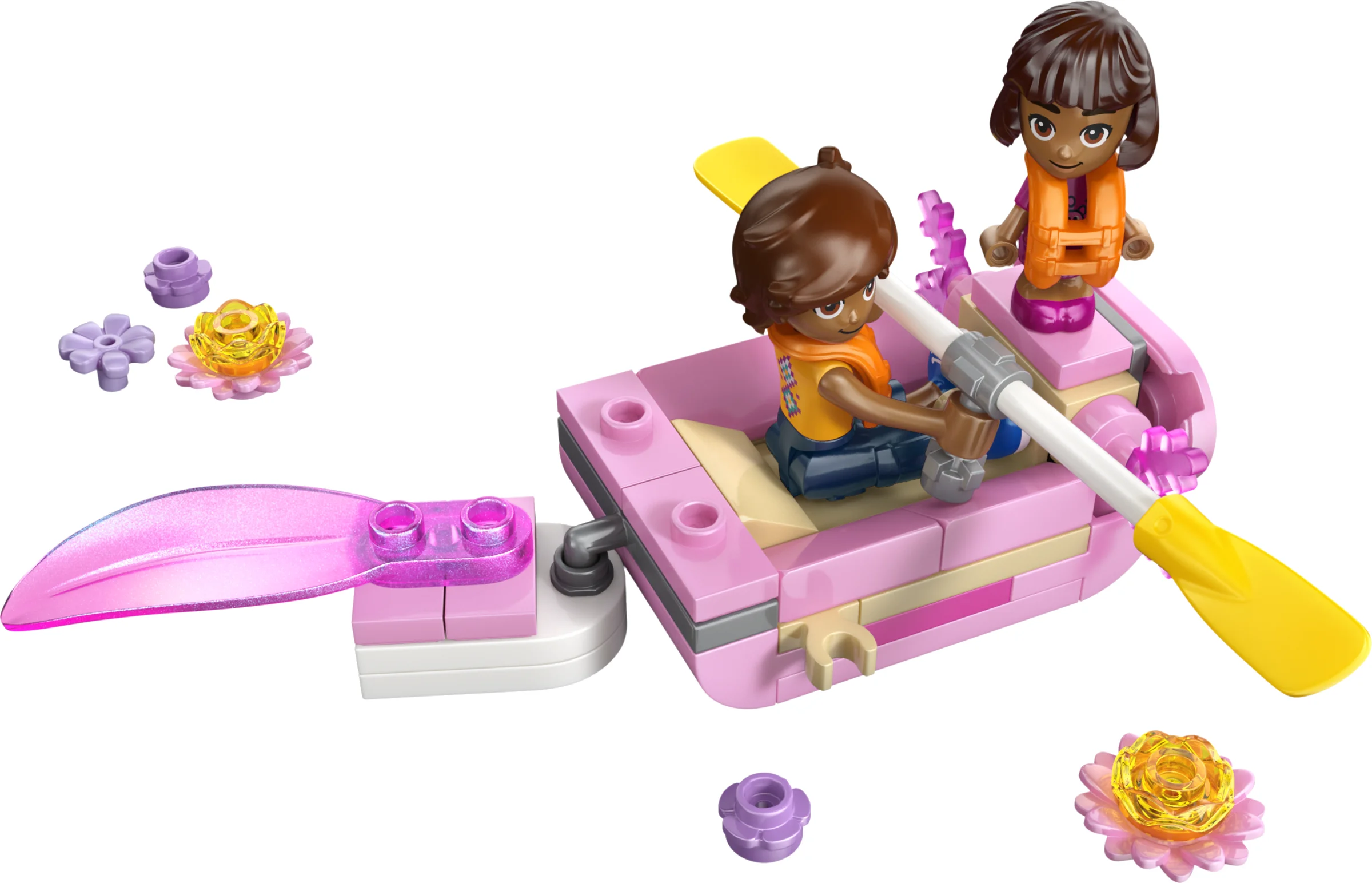 Imagine detaliată a bărcii roz de aventură cu axolotl, incluzând două minifigurine.